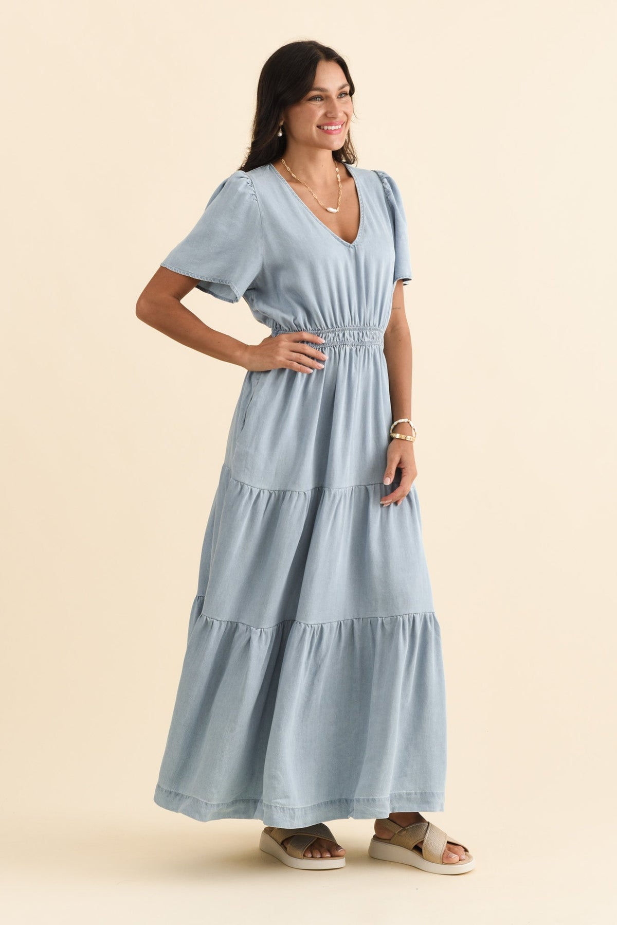 Luca Dark Blue Tencel Tier Dress Side View
