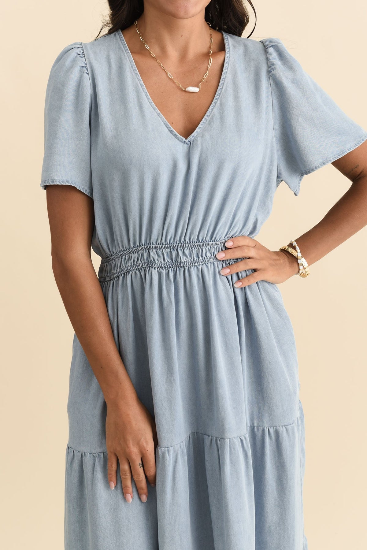 Luca Dark Blue Tencel Tier Dress Full Length View