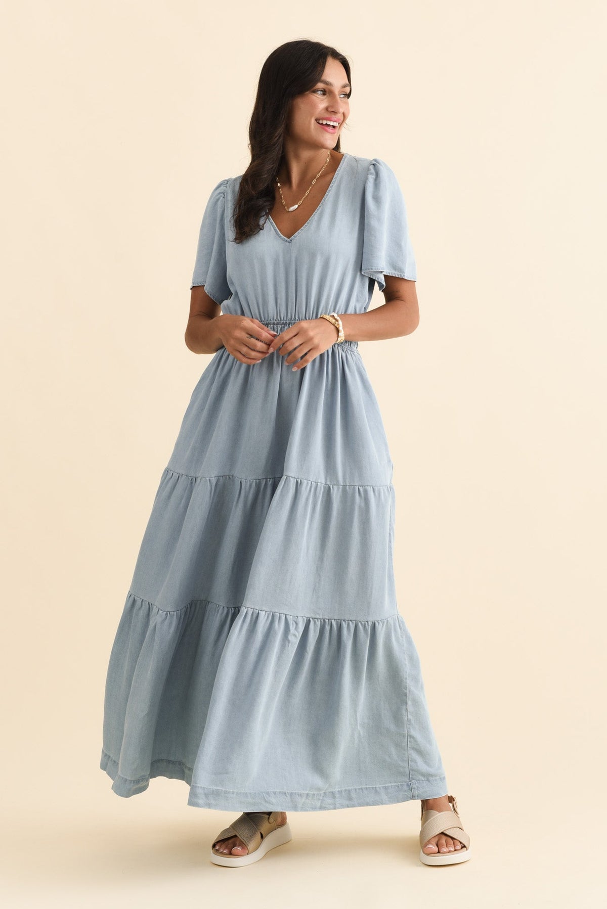 Luca Dark Blue Tencel Tier Dress Back View 2