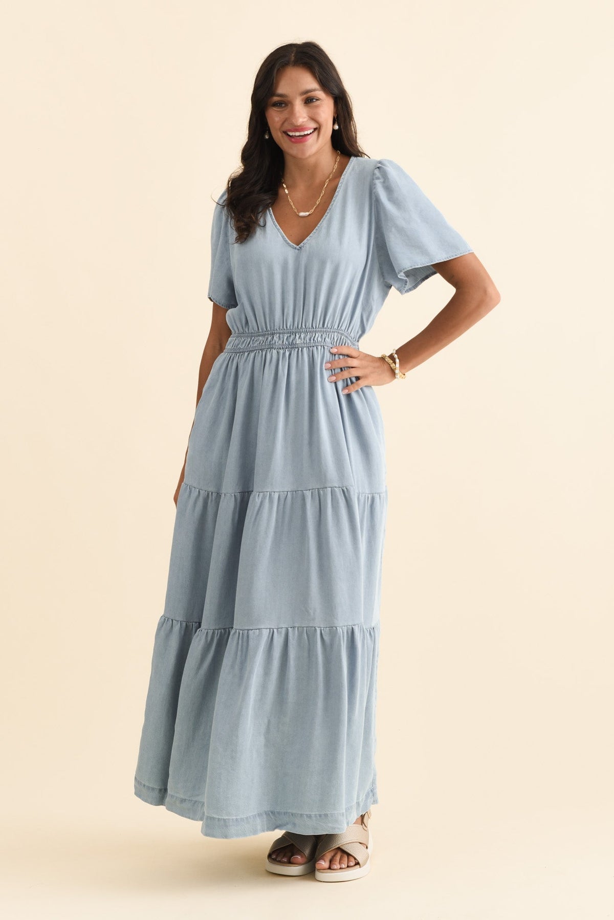 Luca Dark Blue Tencel Tier Dress Back View
