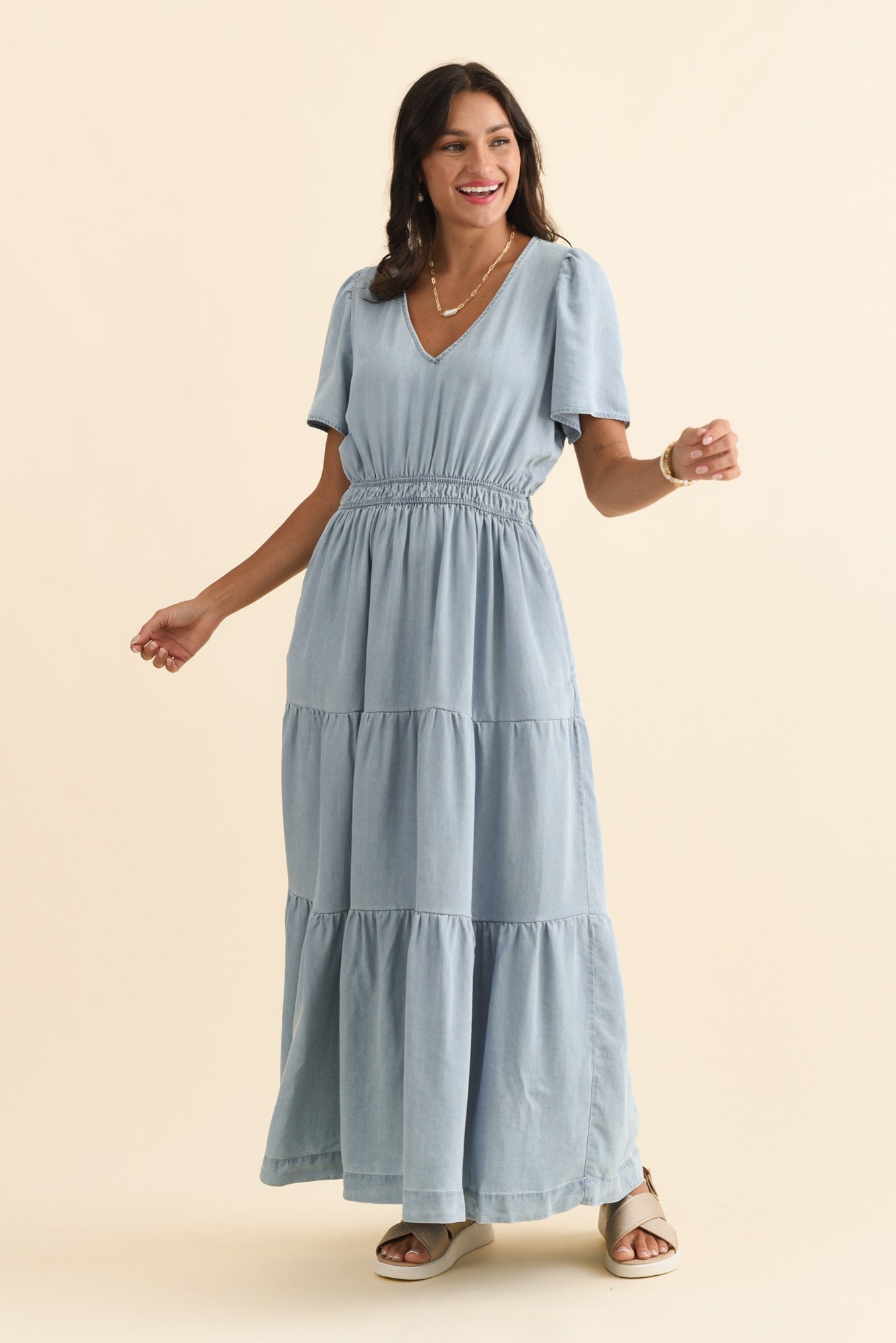 Luca Dark Blue Tencel Tier Dress Front View