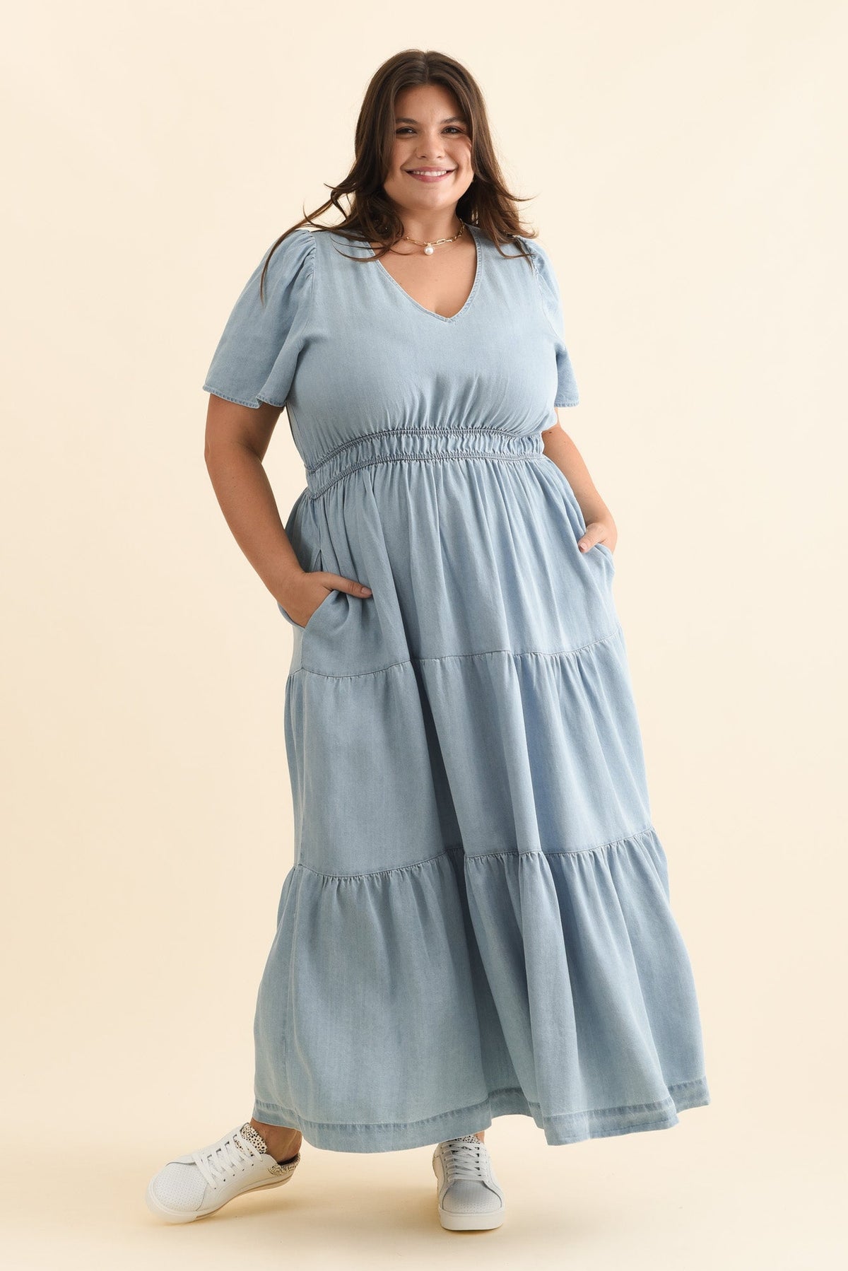 Luca Dark Blue Tencel Tier Dress Side View 2
