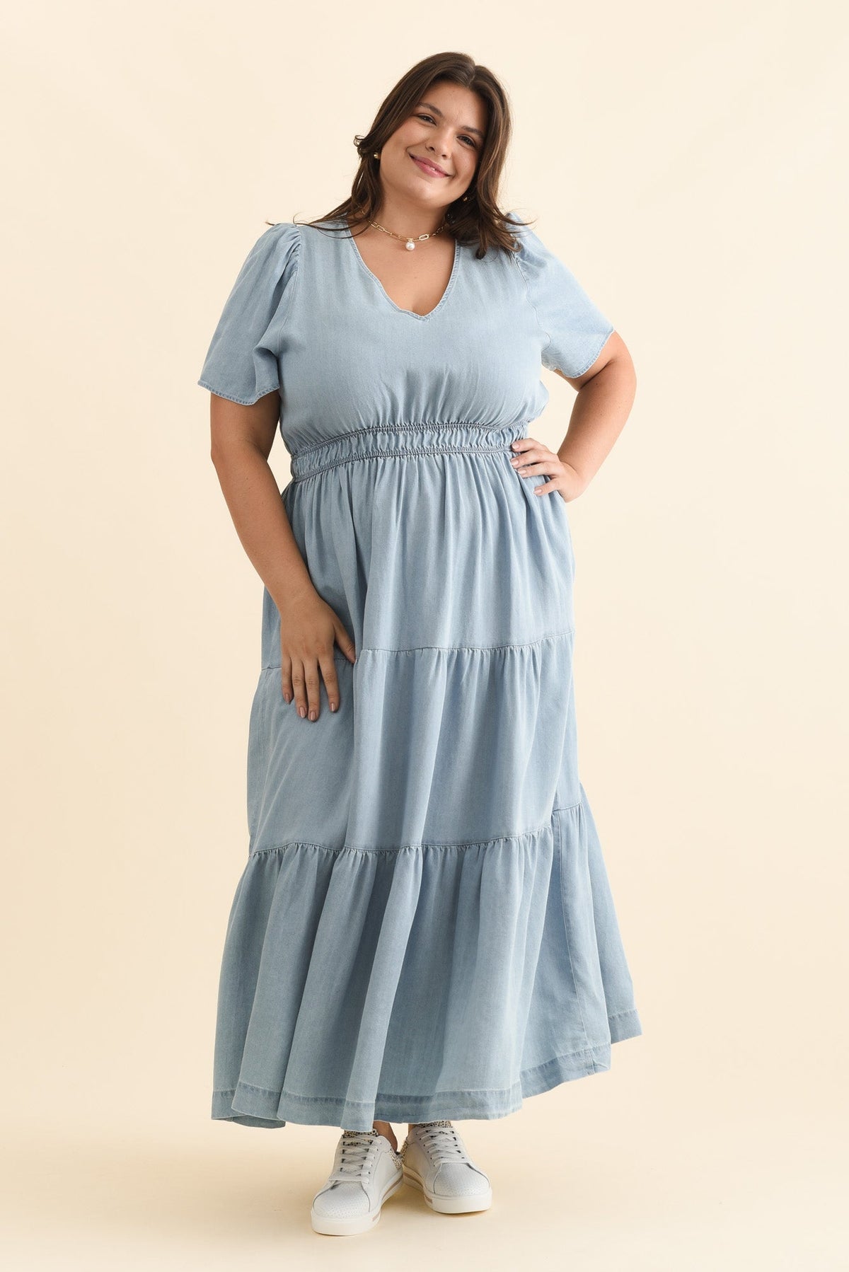 Luca Dark Blue Tencel Tier Dress Detail View 2