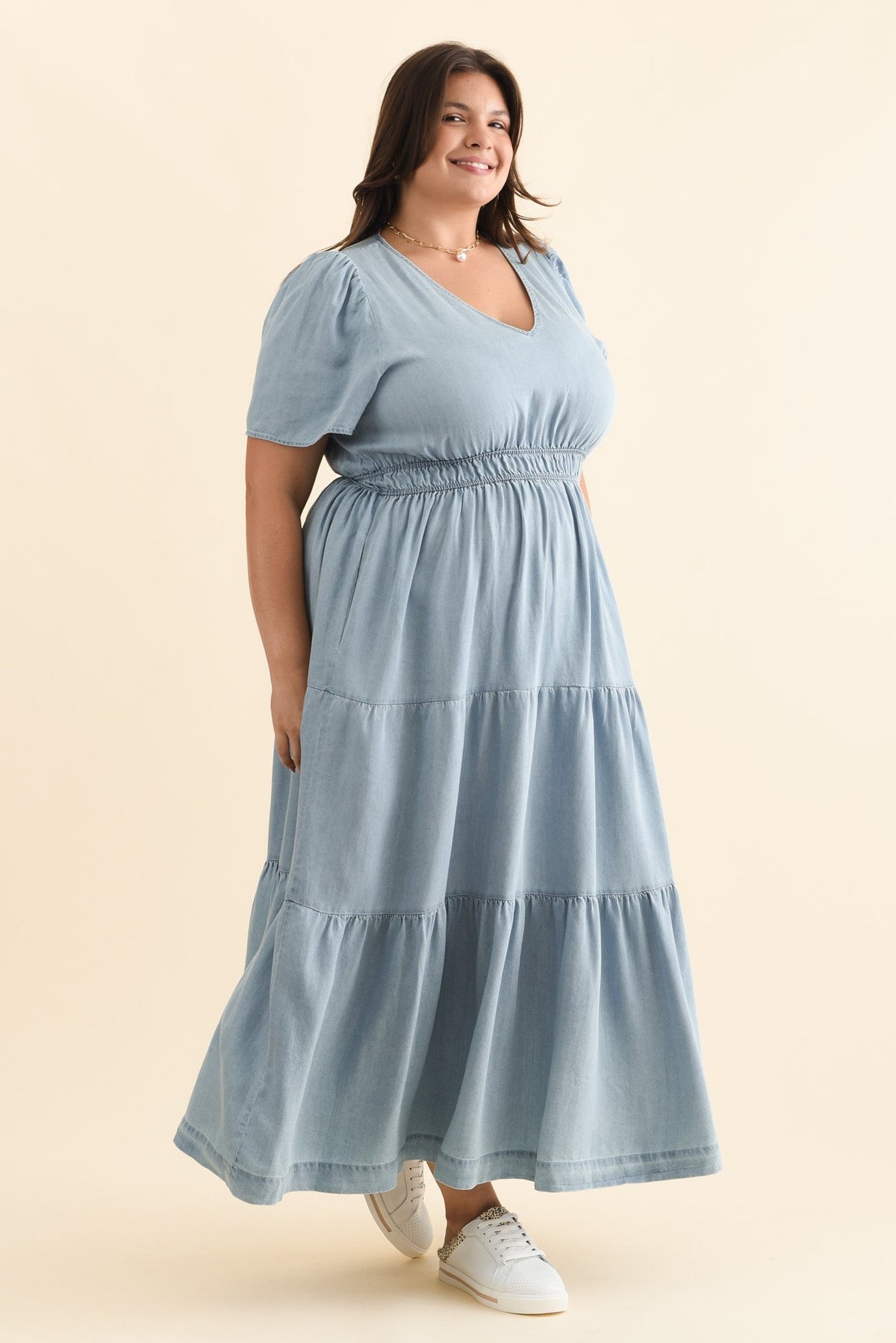 Luca Dark Blue Tencel Tier Dress Styled View 2
