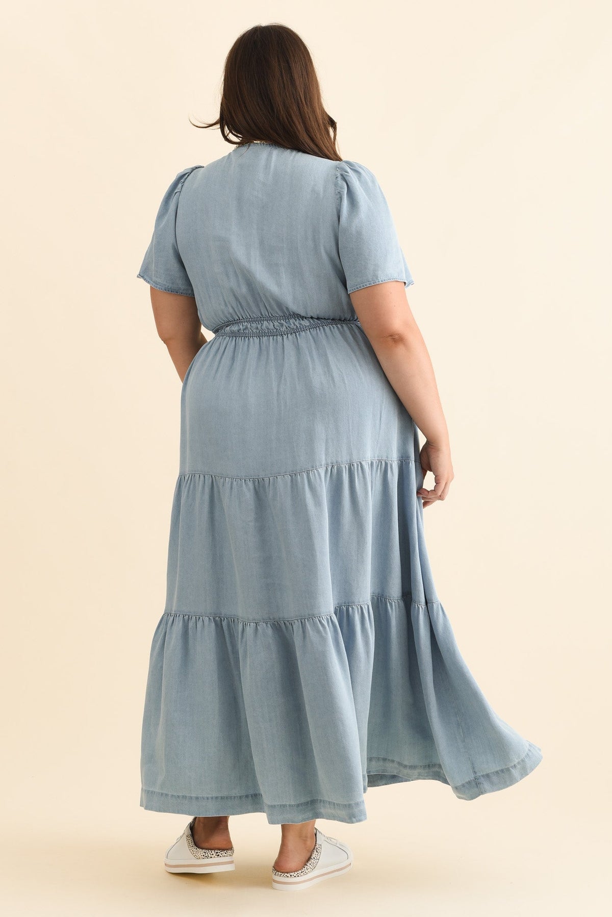 Luca Dark Blue Tencel Tier Dress Full Length View 2