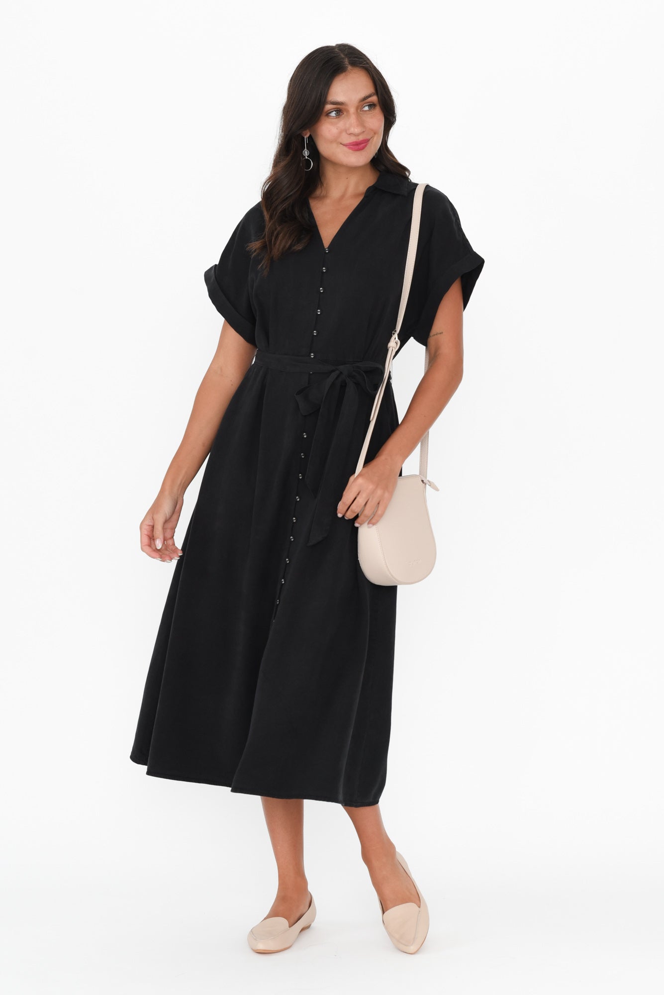 Lucia Black Linen Blend Belted Dress Front View 2