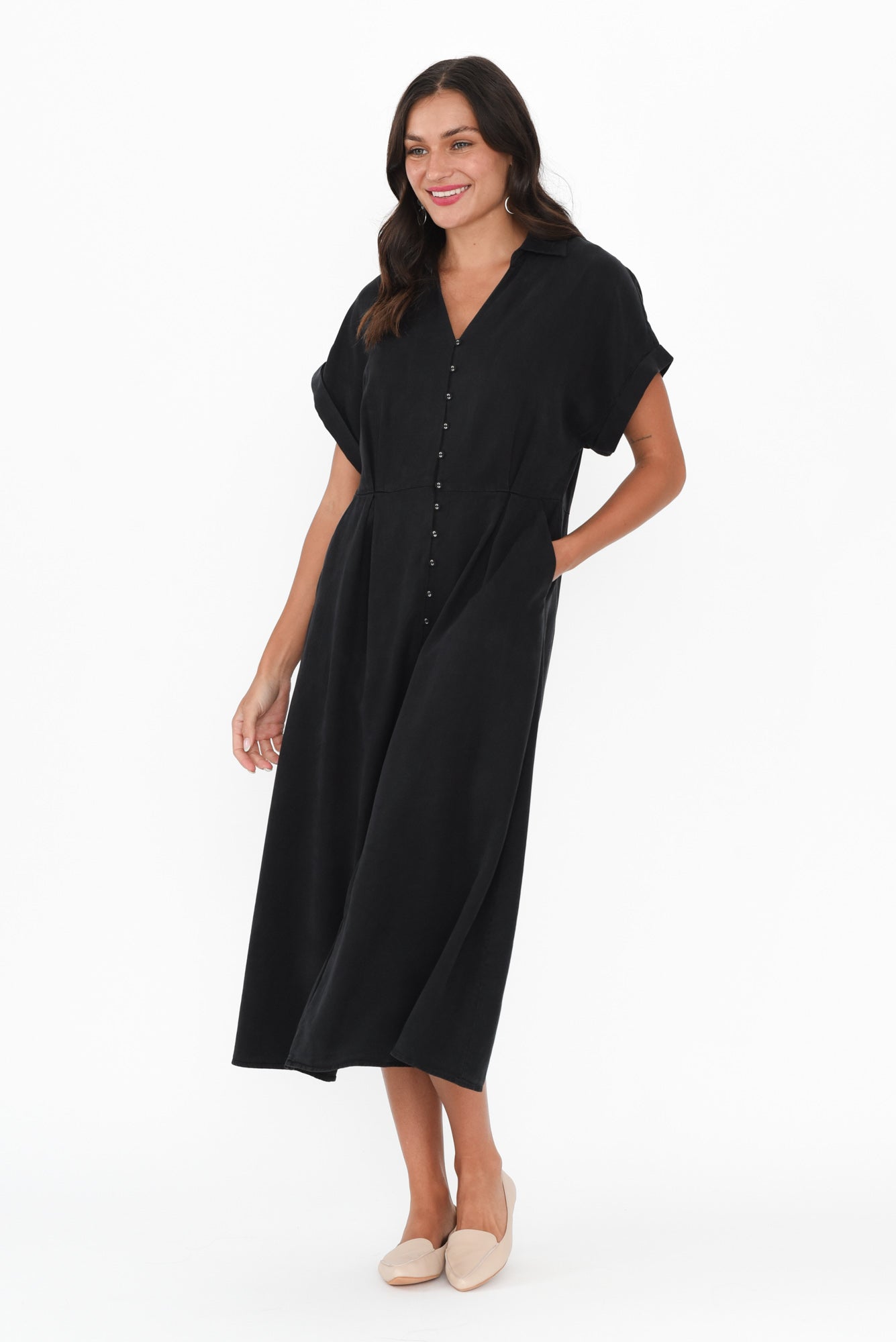 Lucia Black Linen Blend Belted Dress Front View