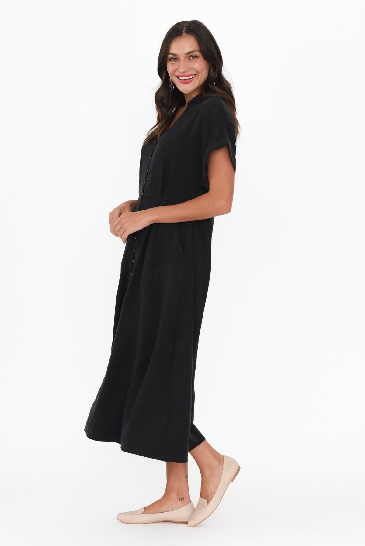 Lucia Black Linen Blend Belted Dress Back View