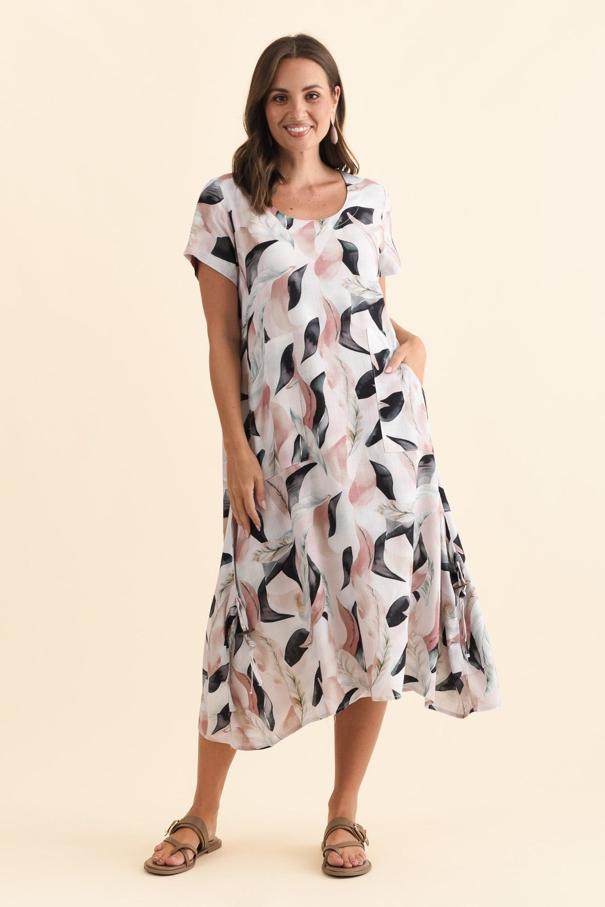 Lula Beige Abstract Linen Cotton Dress Front View 2