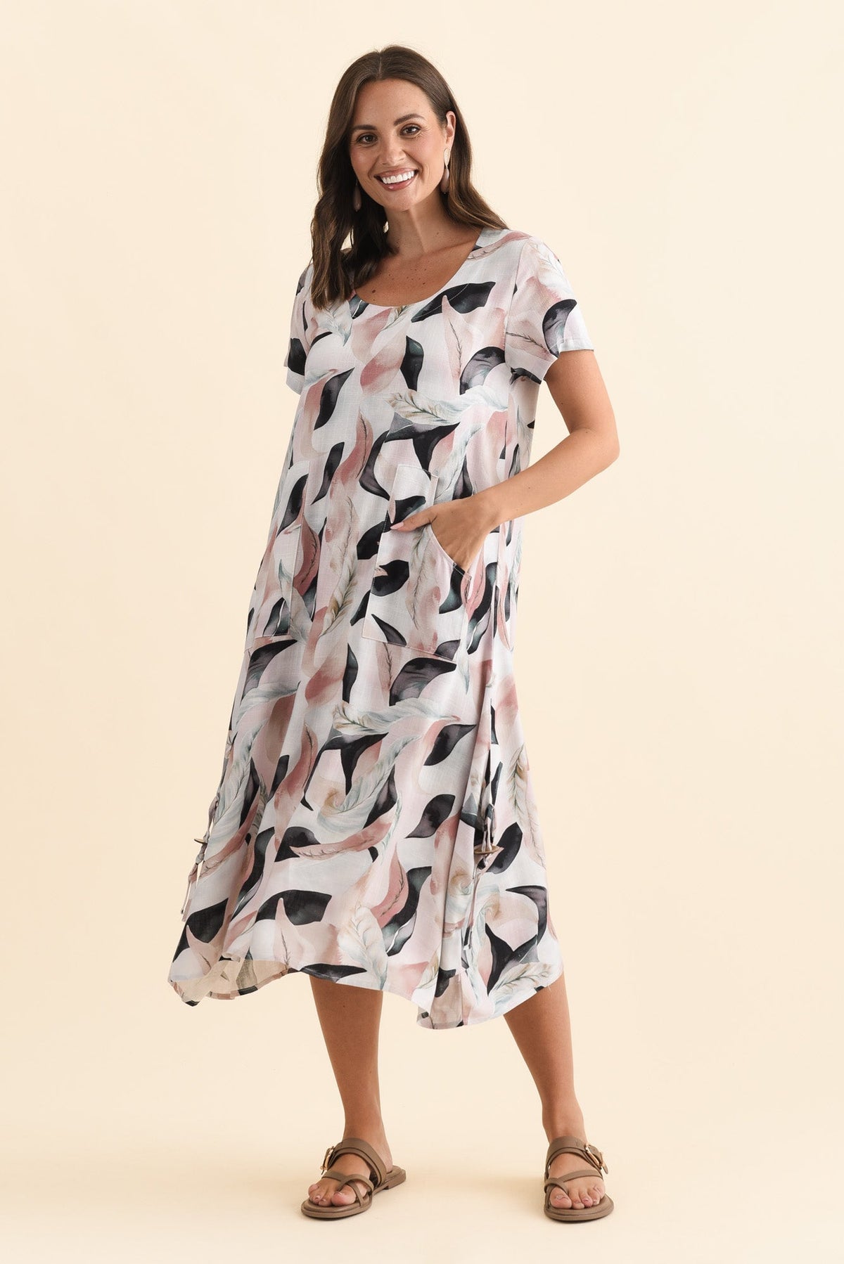Lula Beige Abstract Linen Cotton Dress Front View