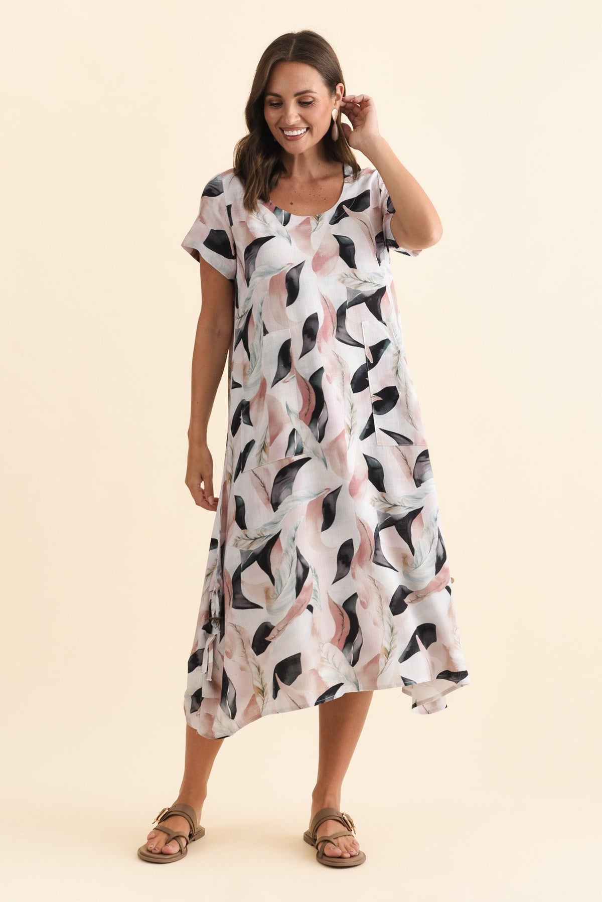 Lula Beige Abstract Linen Cotton Dress Full Length View