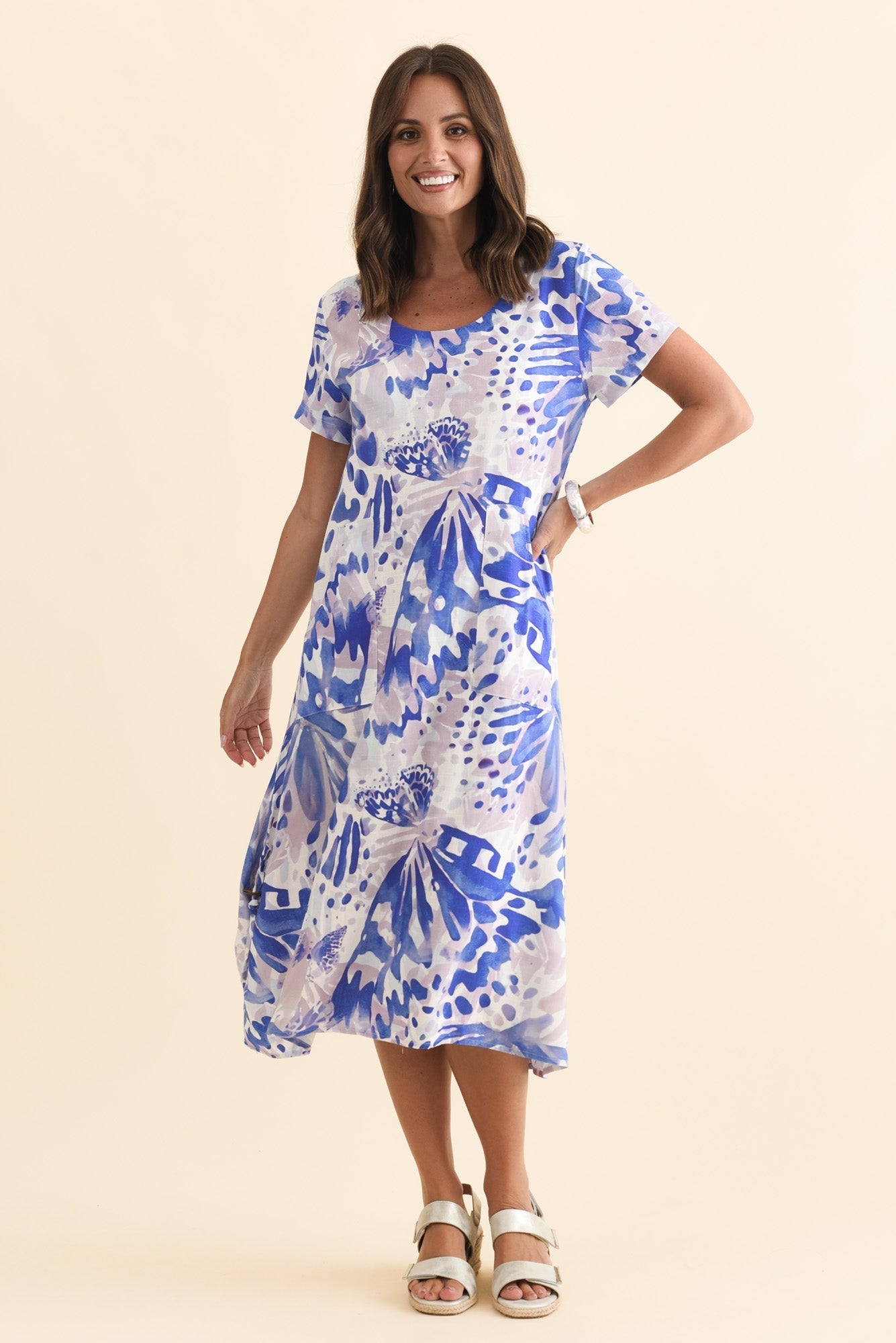 Lula Cobalt Abstract Linen Cotton Dress Back View 2