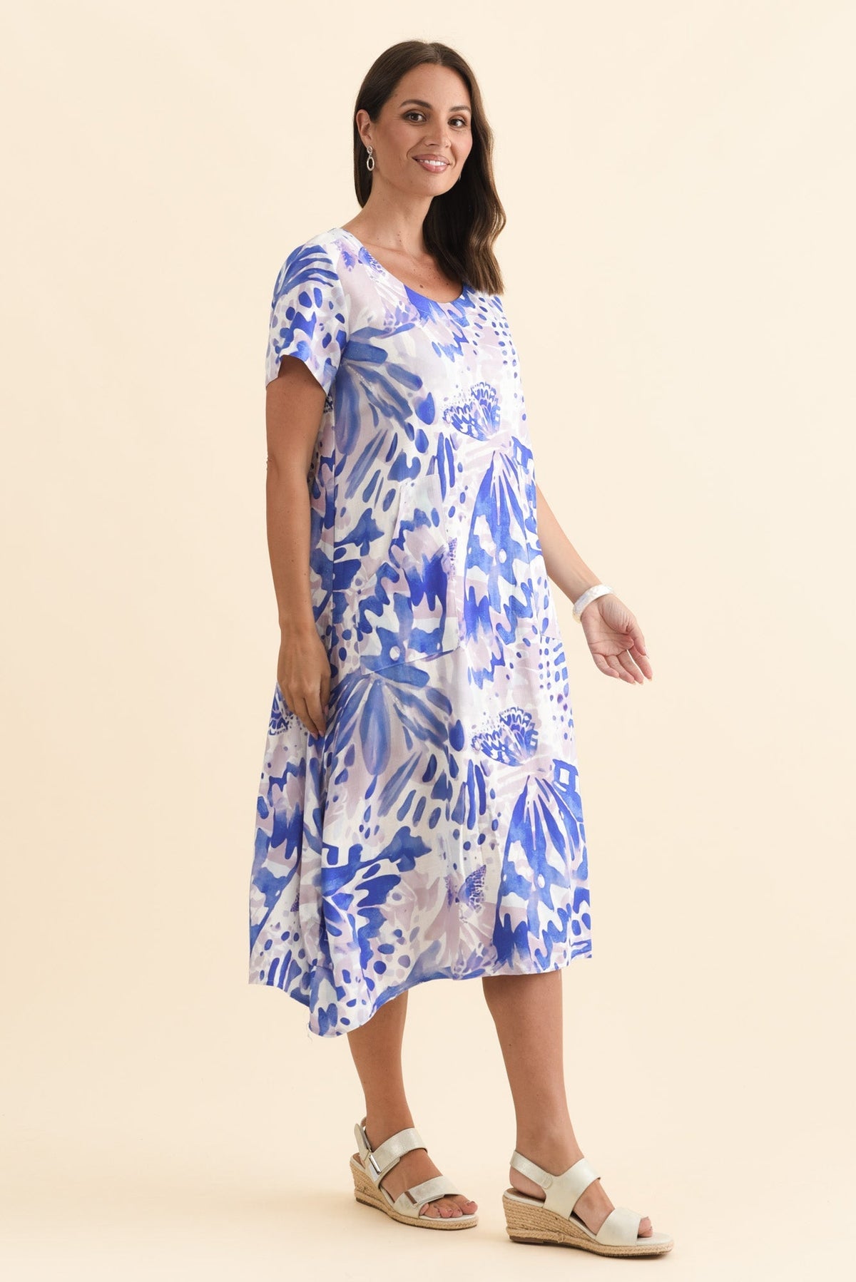 Lula Cobalt Abstract Linen Cotton Dress Side View