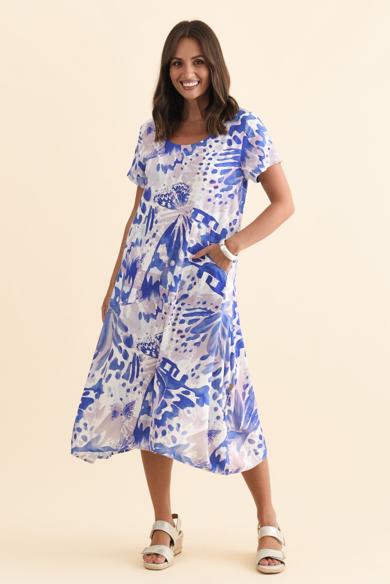 Lula Cobalt Abstract Linen Cotton Dress Front View