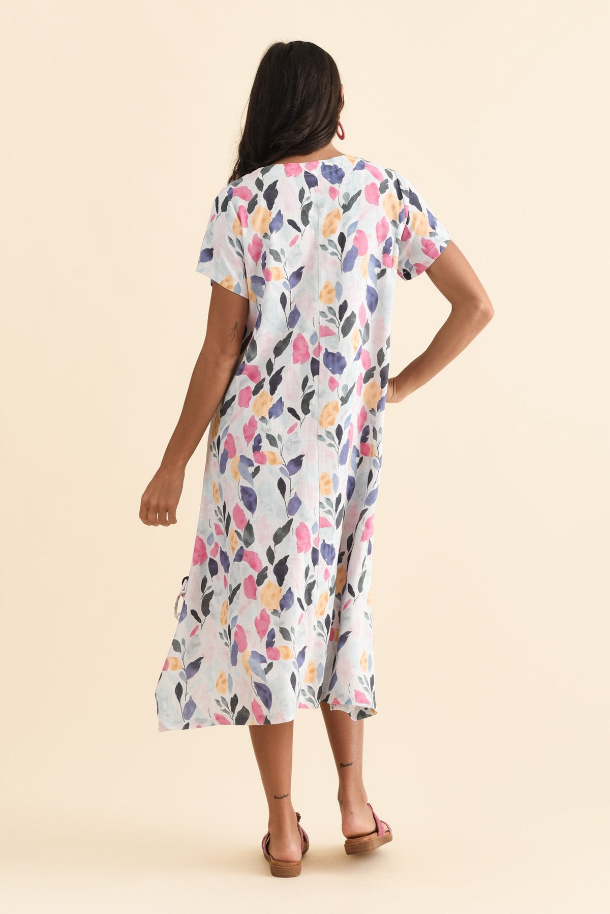 Lula Pink Leaf Linen Cotton Dress Side View