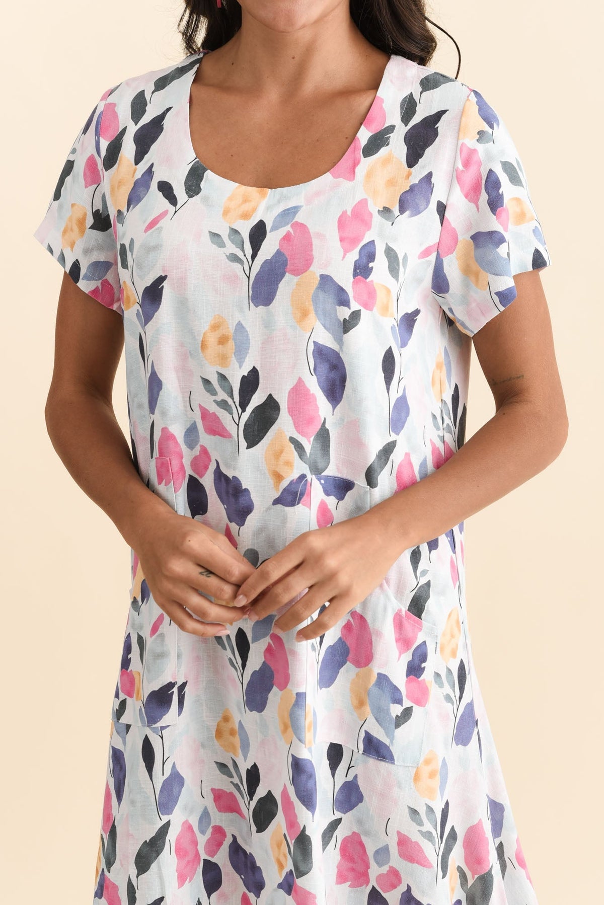 Lula Pink Leaf Linen Cotton Dress Detail View