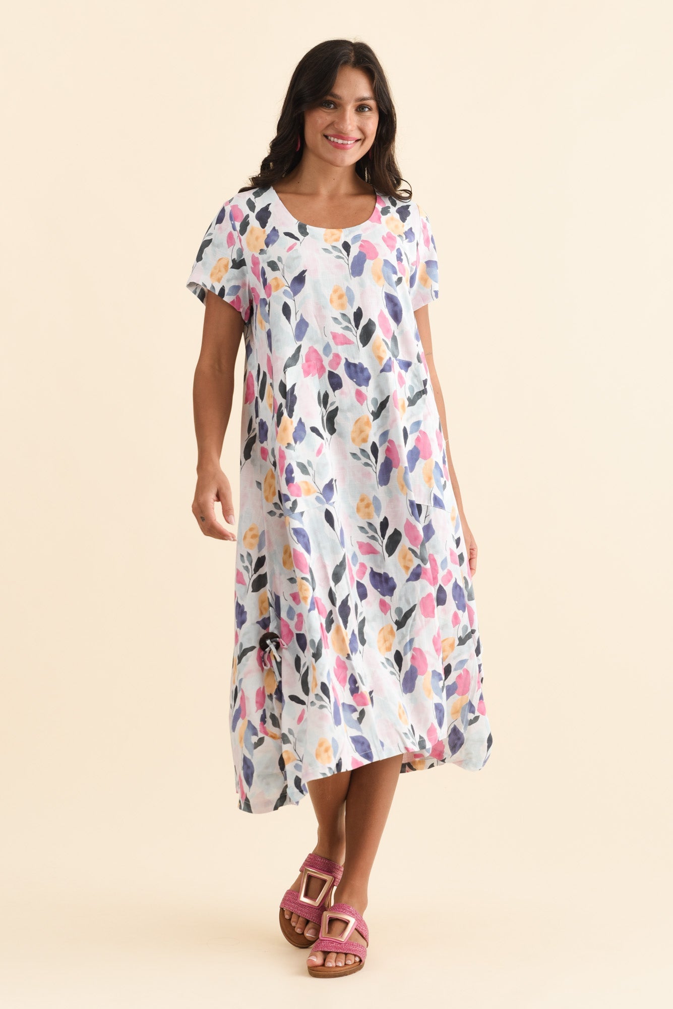 Lula Pink Leaf Linen Cotton Dress Full Length View