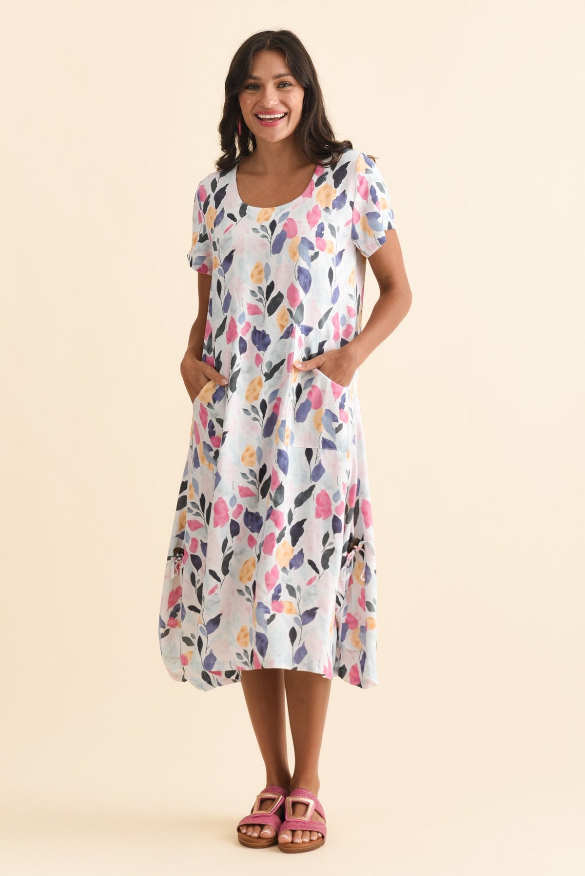 Lula Pink Leaf Linen Cotton Dress Front View