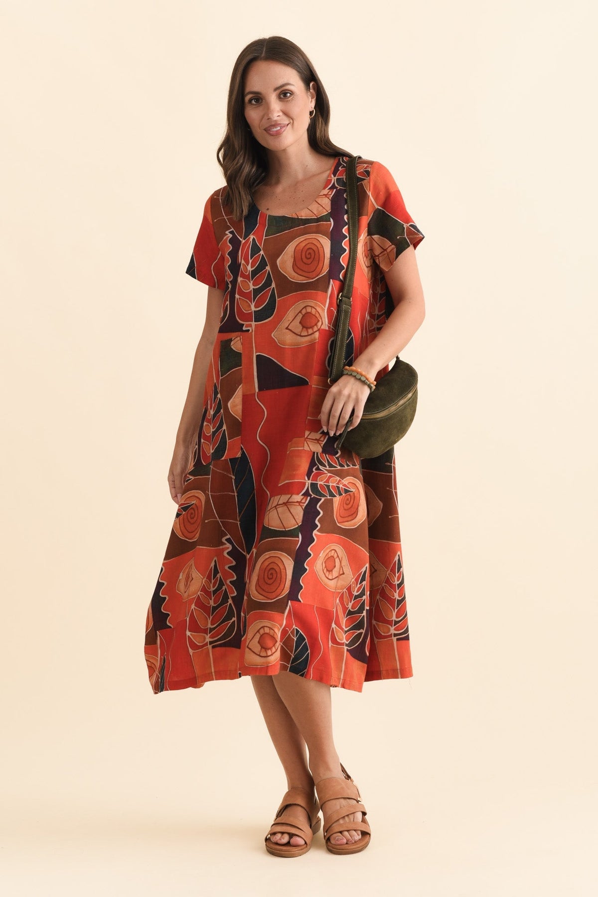 Lula Red Abstract Linen Cotton Dress Front View 2