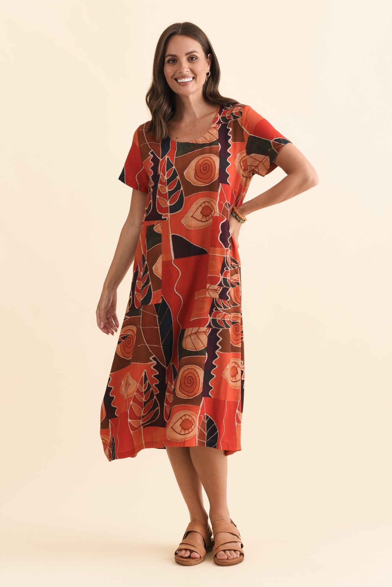 Lula Red Abstract Linen Cotton Dress Full Length View