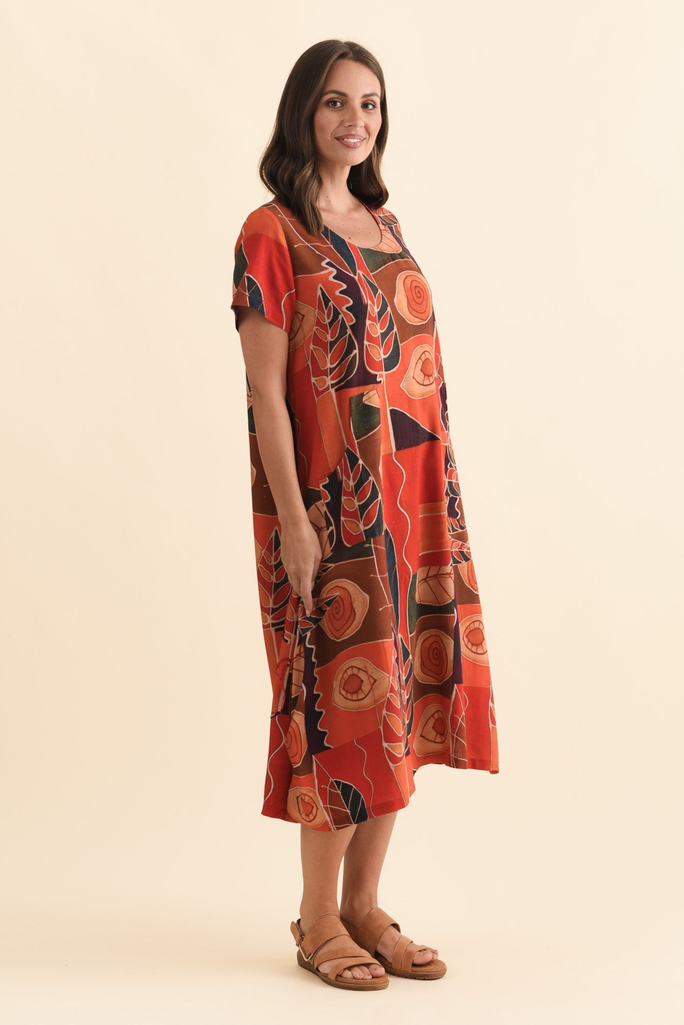 Lula Red Abstract Linen Cotton Dress Back View