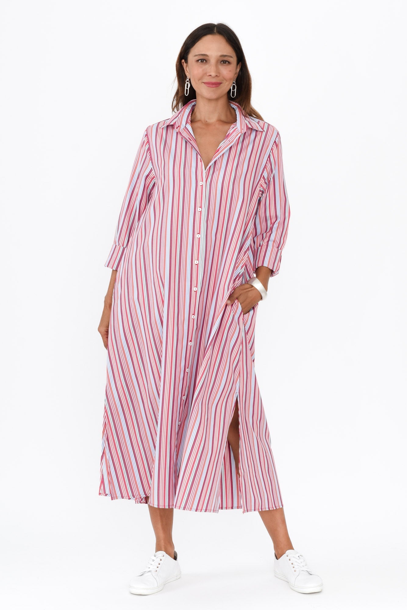 Lunella Red Stripe Cotton Blend Dress Front View 2