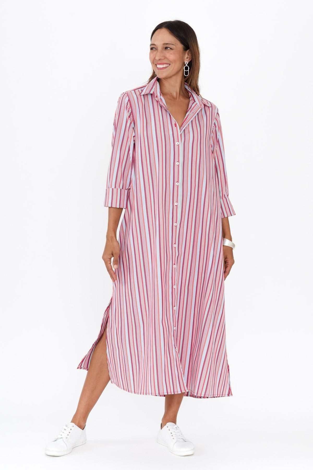 Lunella Red Stripe Cotton Blend Dress Full Length View