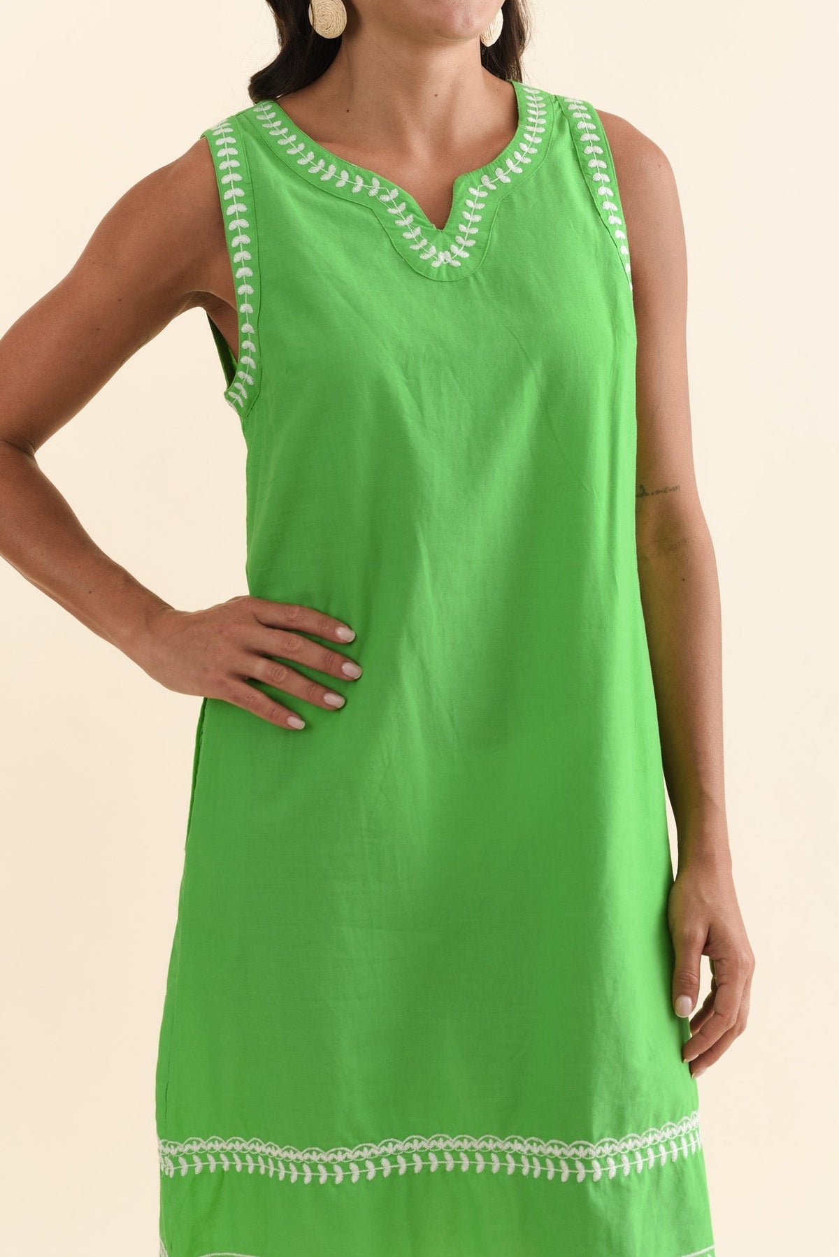 Lyndal Green Embroidered Cotton Dress Detail View