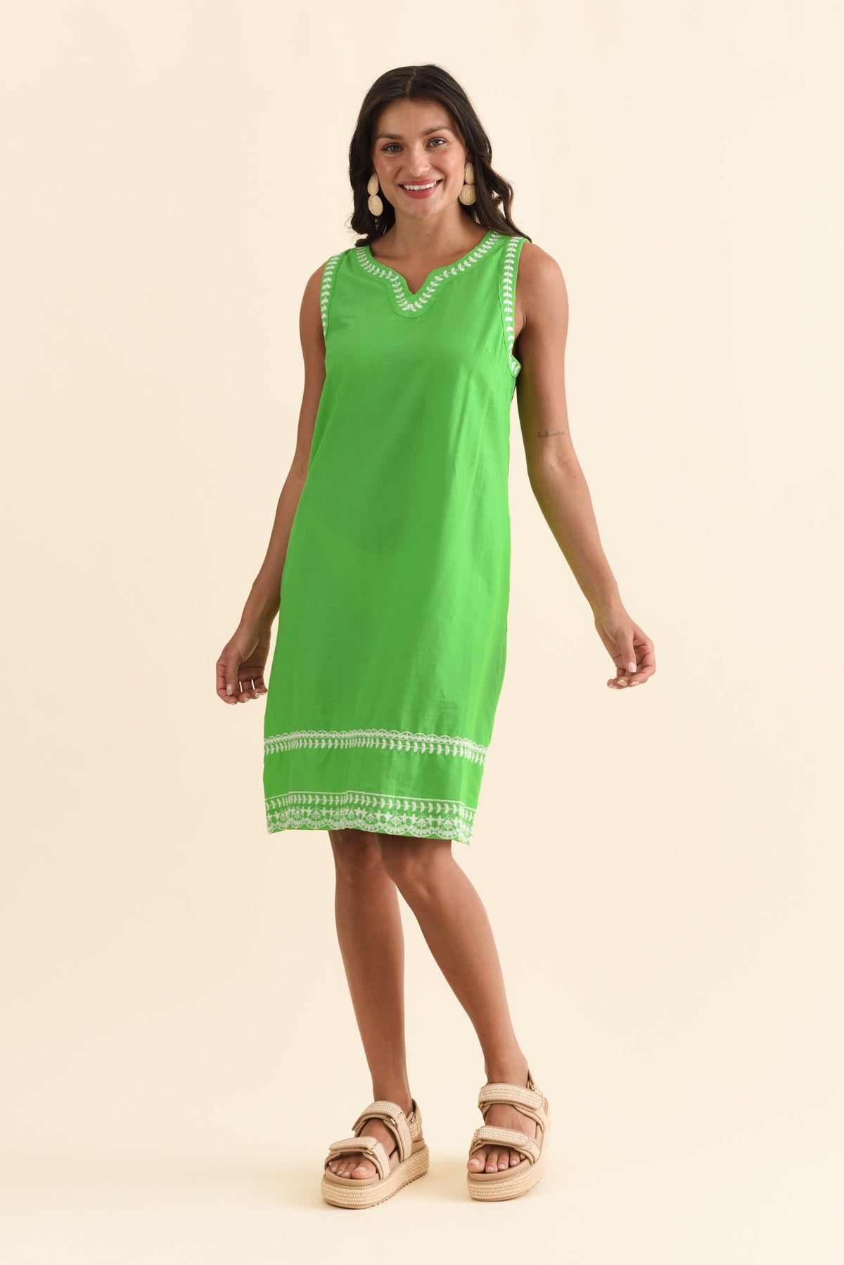 Lyndal Green Embroidered Cotton Dress Full Length View