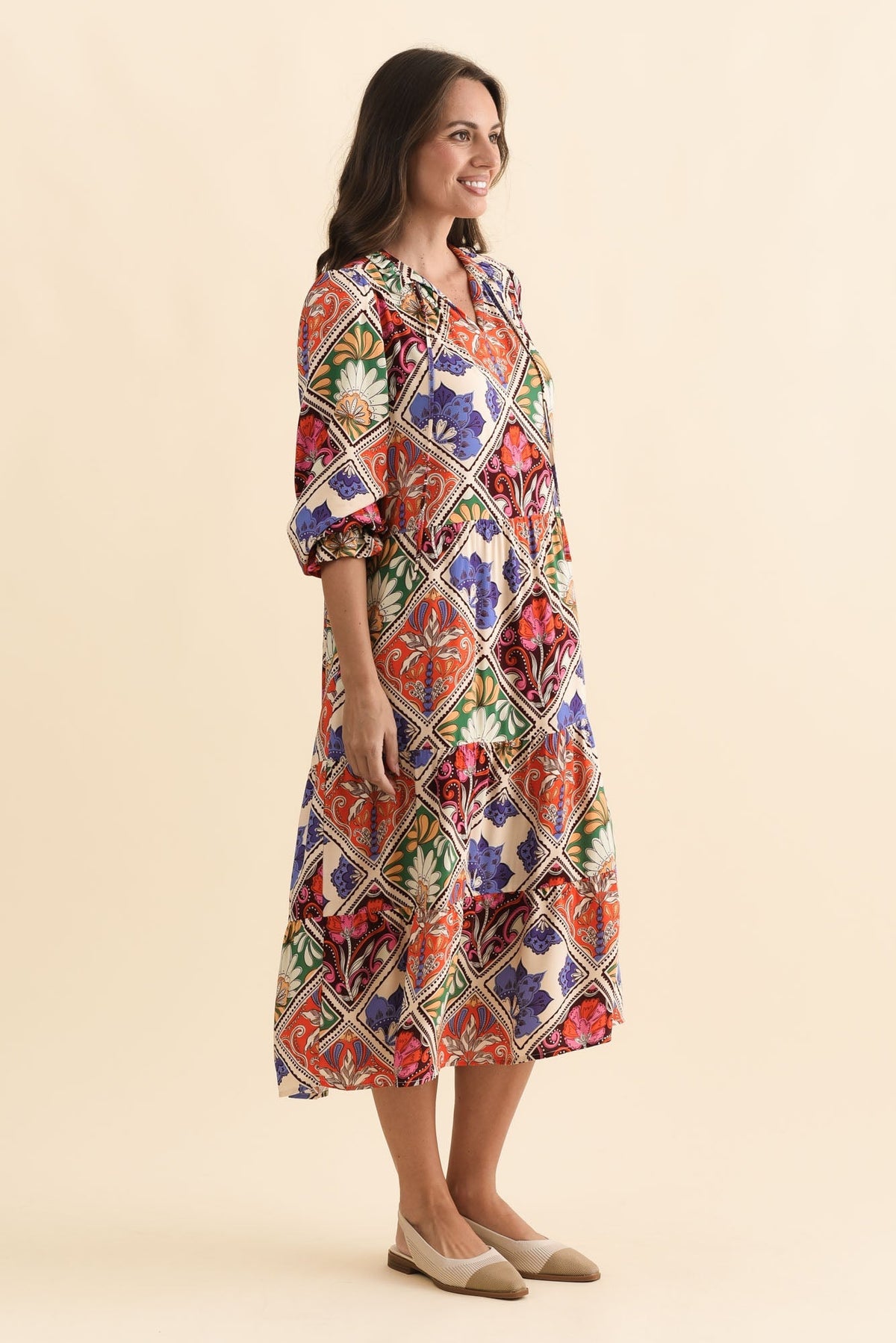 Lyon Orange Tile Sleeved Dress Back View