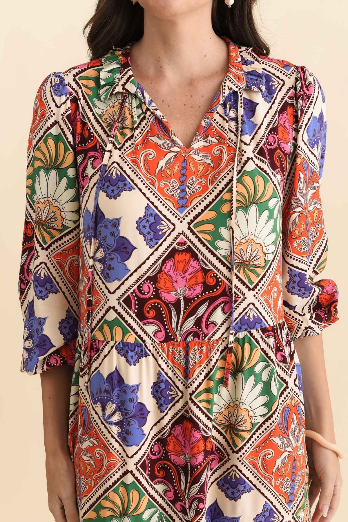 Lyon Orange Tile Sleeved Dress Detail View