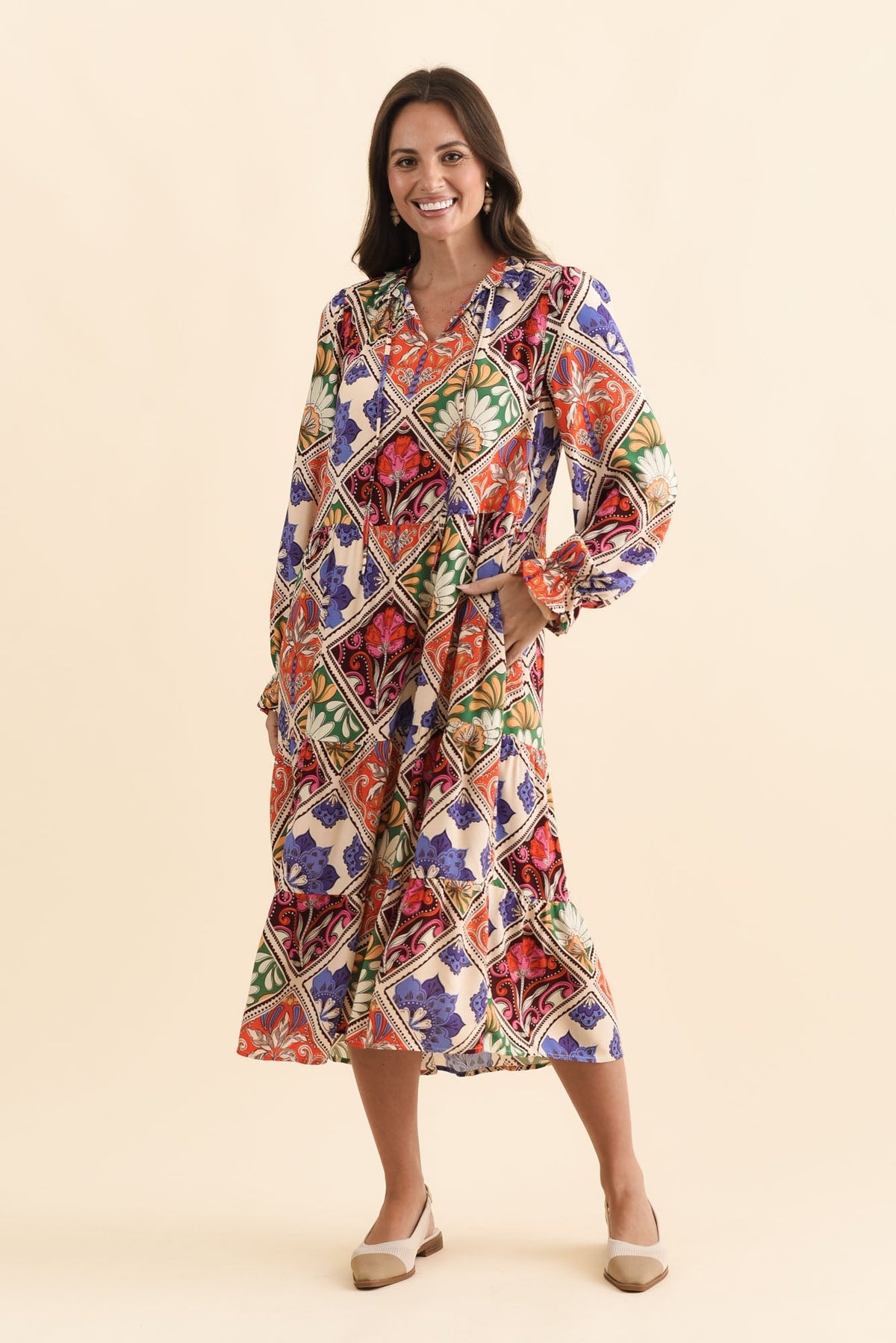 Lyon Orange Tile Sleeved Dress Full Length View