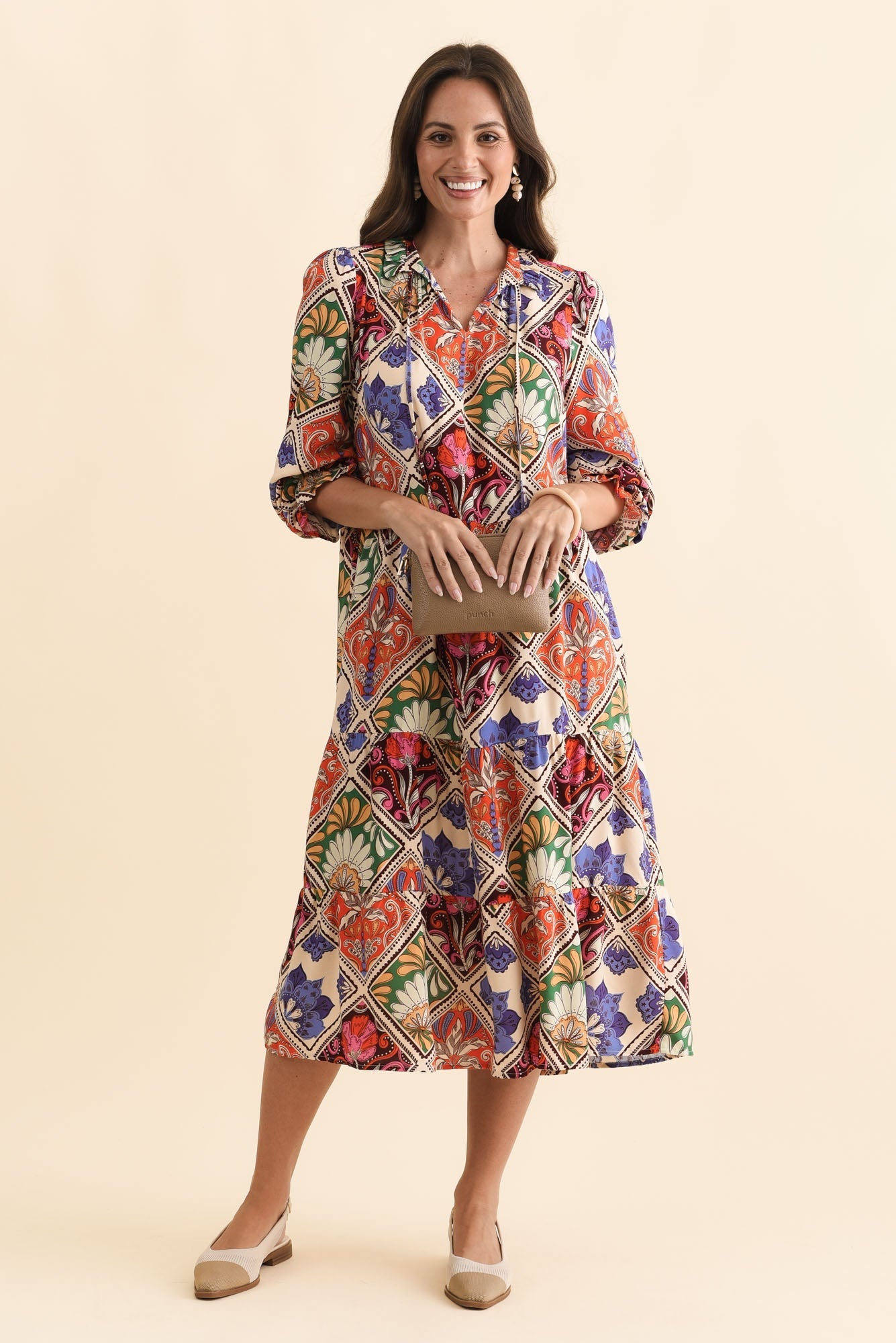 Lyon Orange Tile Sleeved Dress Front View 2