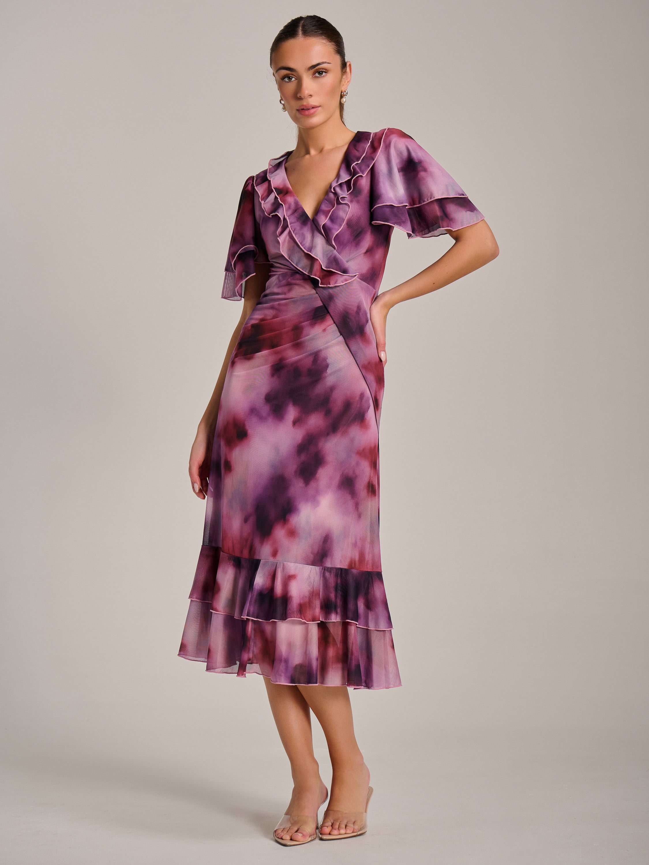 Ruffle Detail Ruched Mesh Midaxi Dress Full Length View