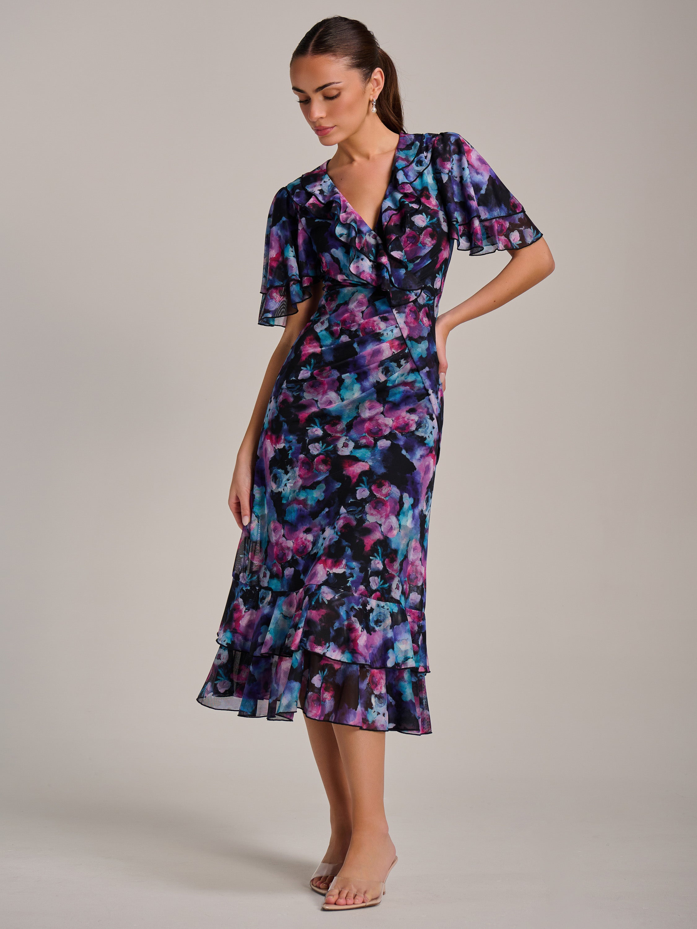 Ruffle Detail Ruched Mesh Midaxi Dress PURPLE MULTI Back View