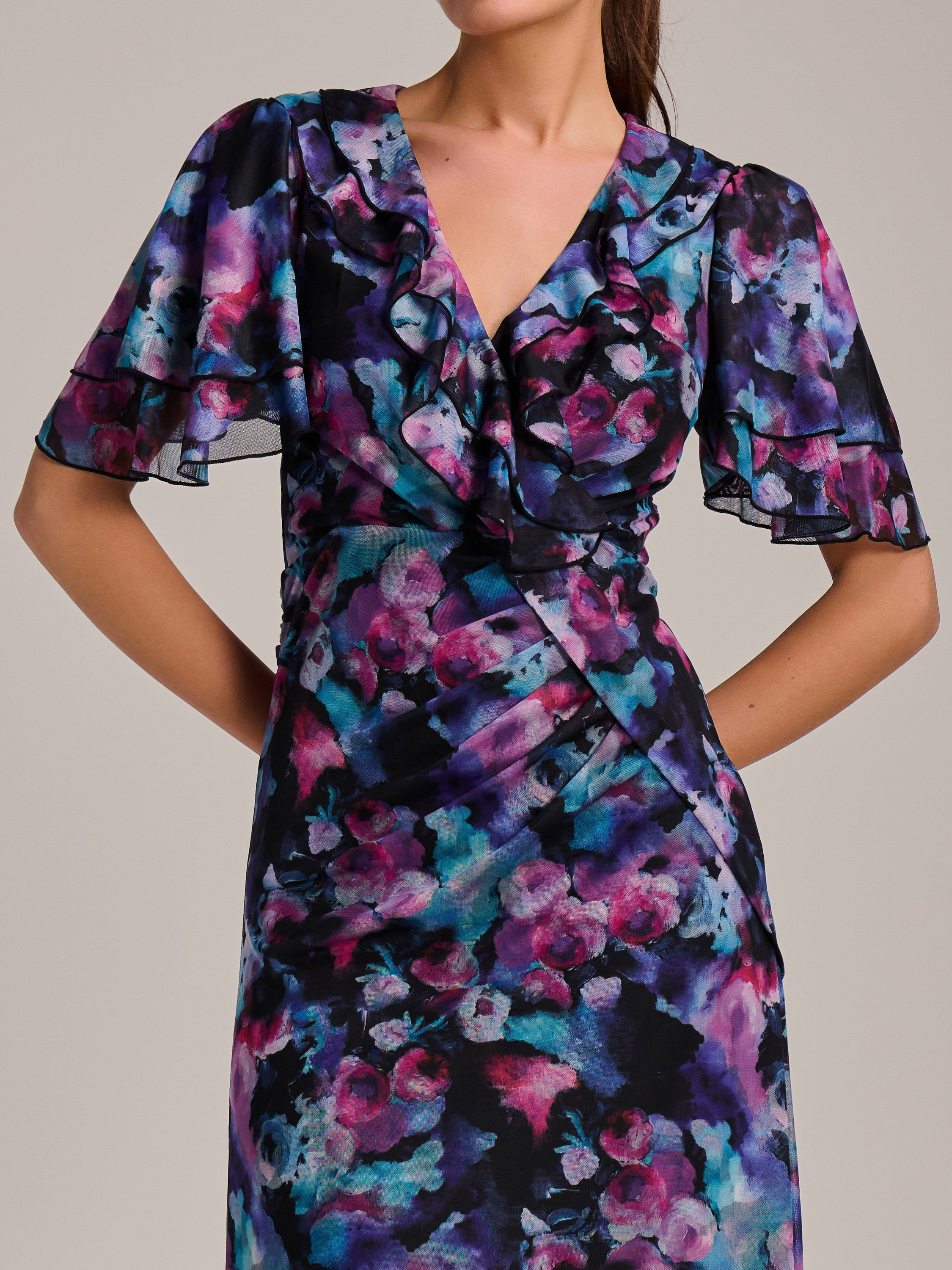 Ruffle Detail Ruched Mesh Midaxi Dress PURPLE MULTI Styled View