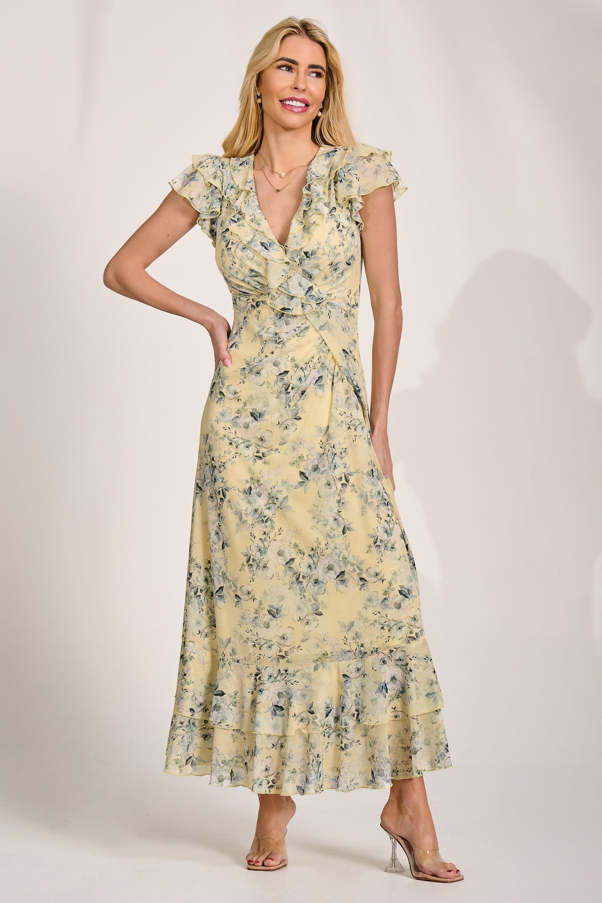 Ruffle V-Neck Mesh Maxi Dress Front View