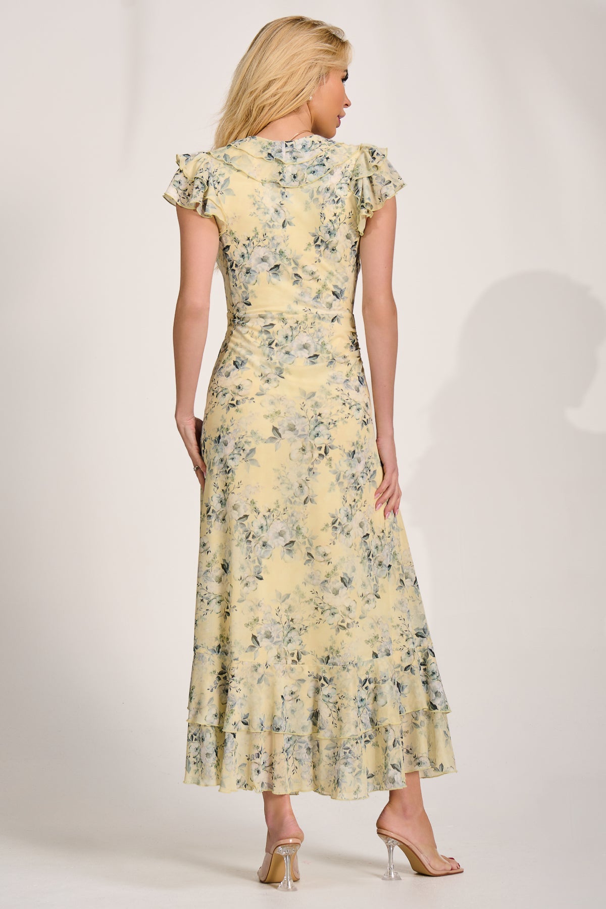 Ruffle V-Neck Mesh Maxi Dress Back View