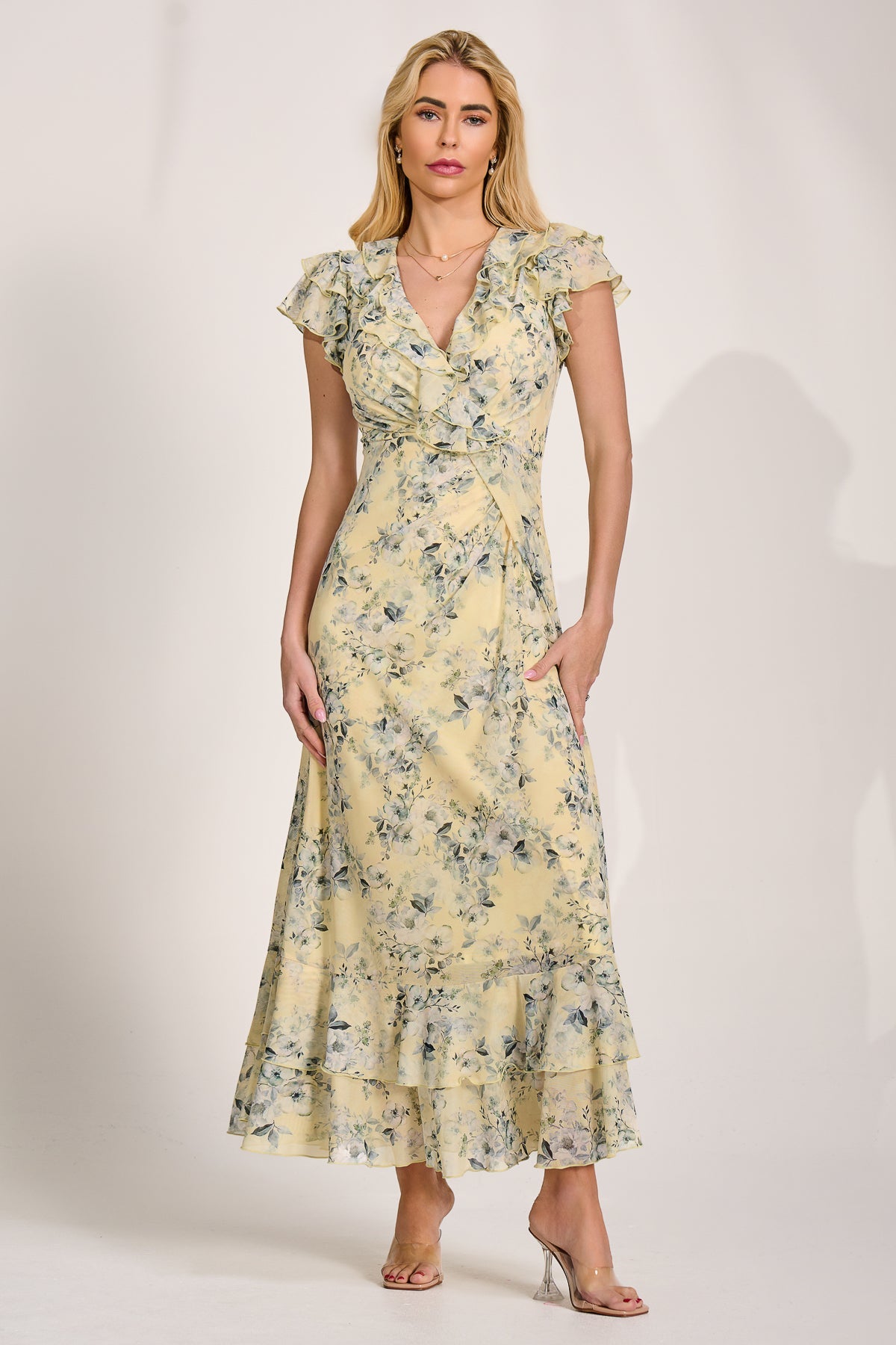 Ruffle V-Neck Mesh Maxi Dress Side View