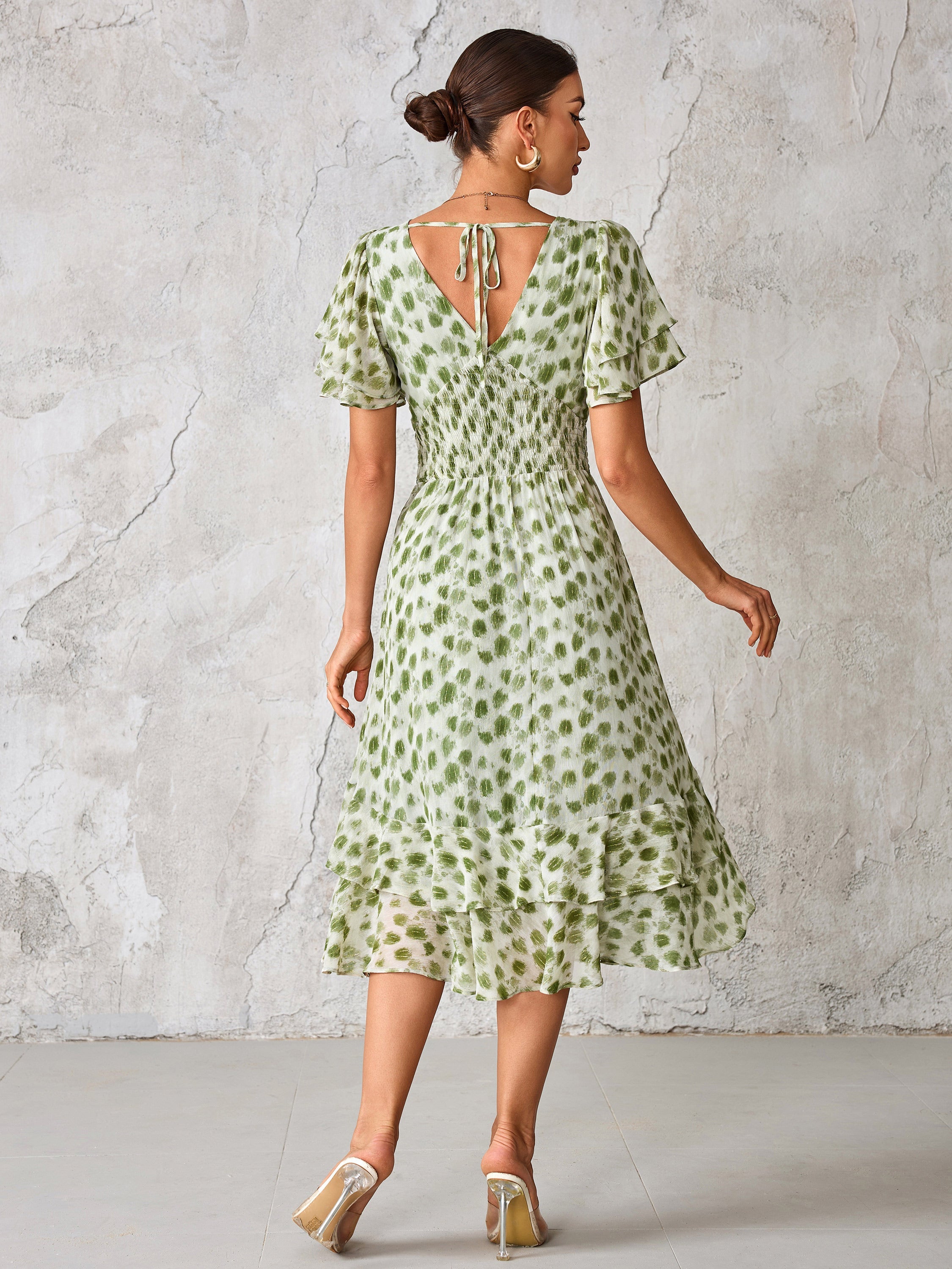 Frill Hem Chiffon Midi Dress Green Animal Back View