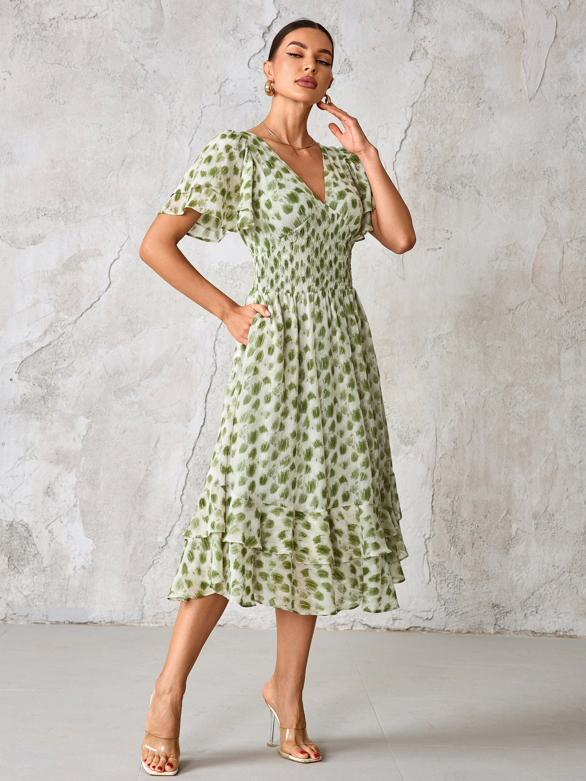 Frill Hem Chiffon Midi Dress Green Animal Full Length View