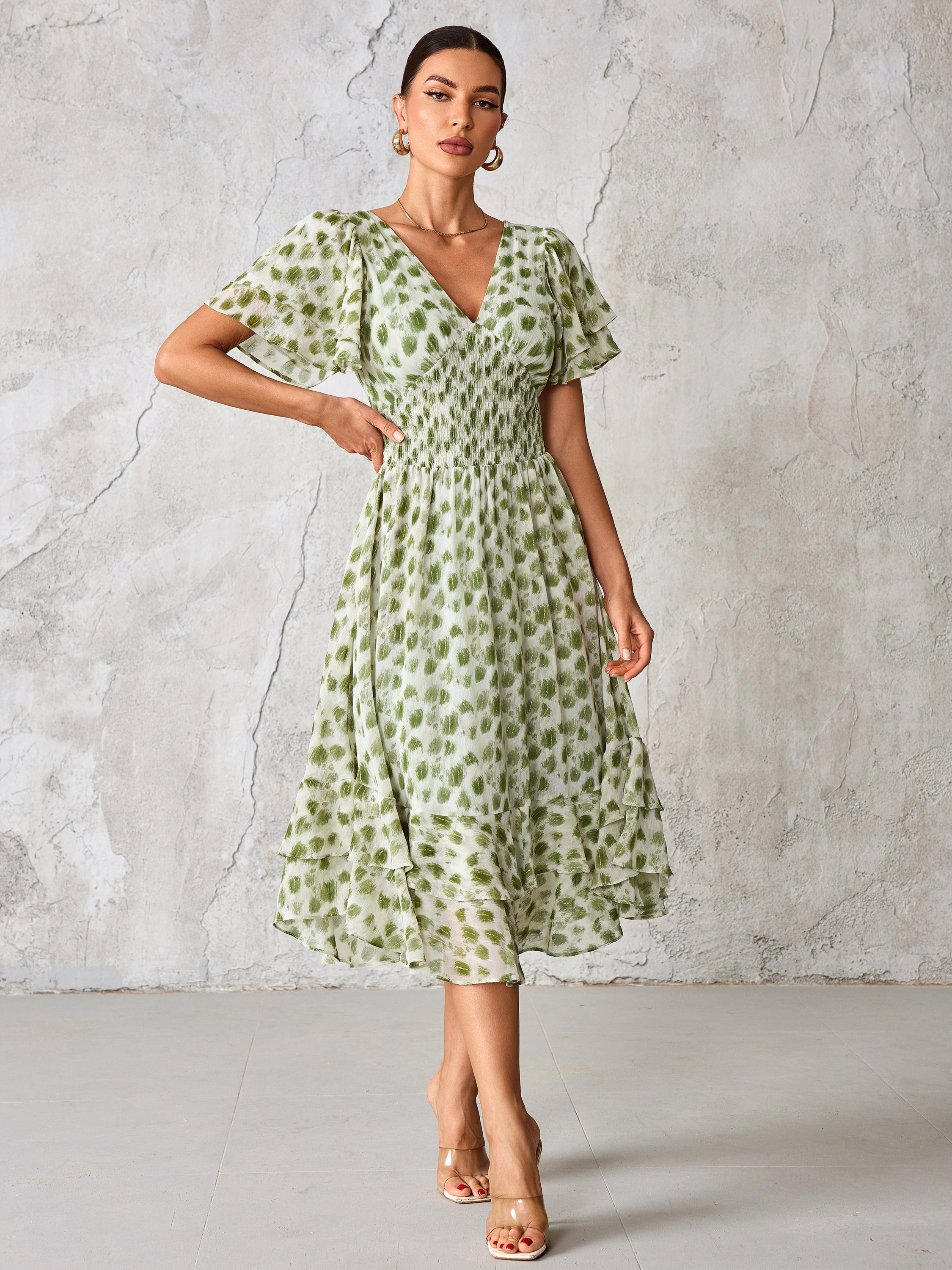 Frill Hem Chiffon Midi Dress Green Animal Styled View