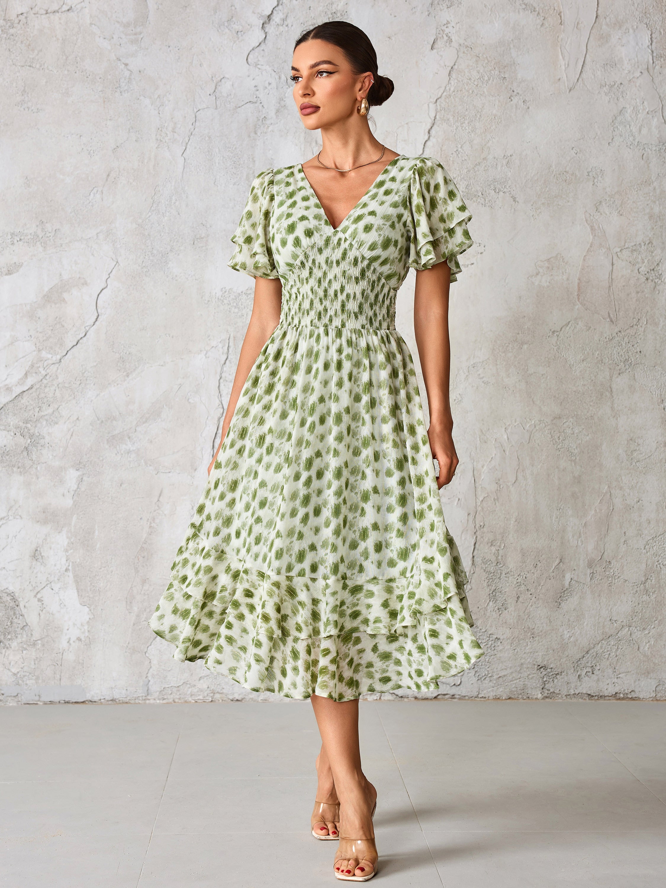 Frill Hem Chiffon Midi Dress Green Animal Front View