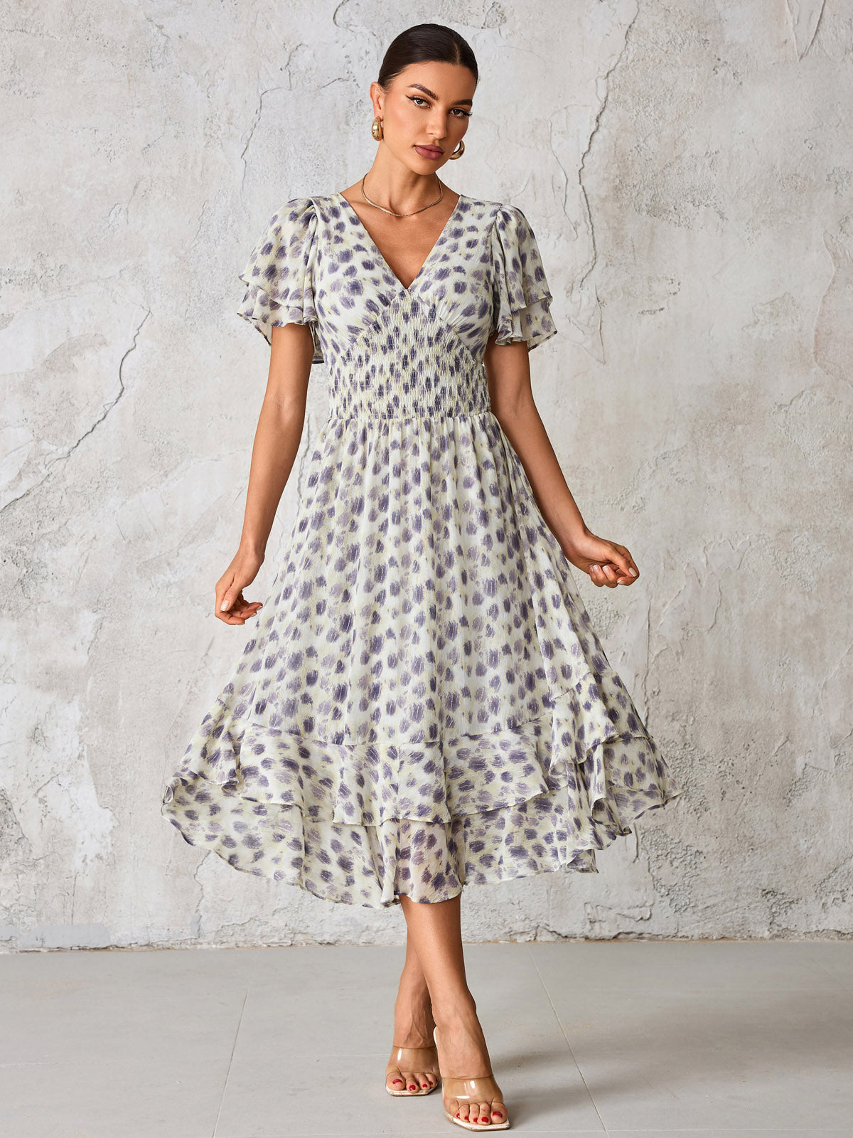 Frill Hem Chiffon Midi Dress Front View