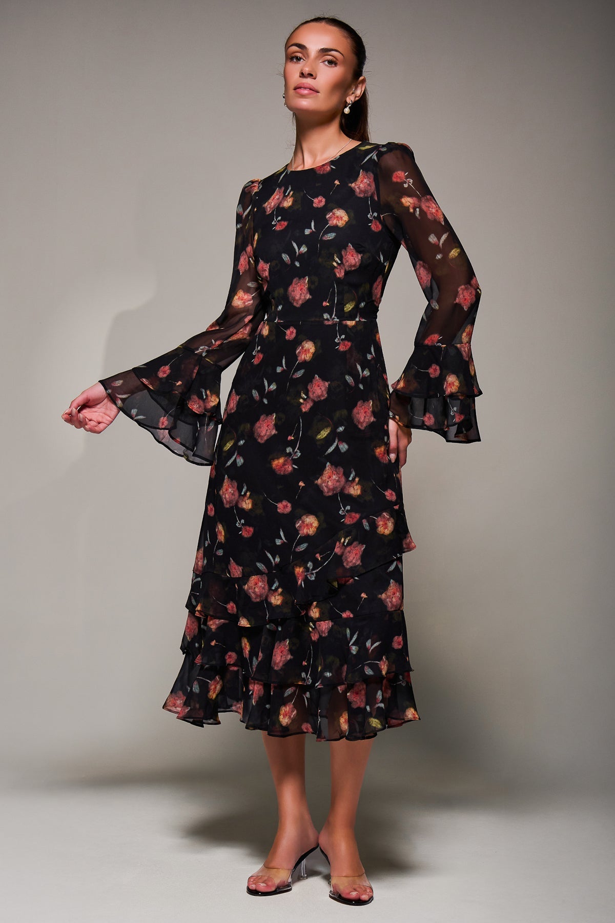 Long Sleeve Frill Chiffon Midaxi Dress Front View