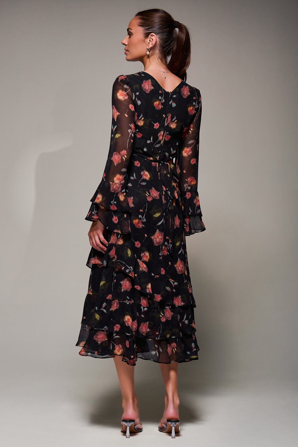 Long Sleeve Frill Chiffon Midaxi Dress Back View