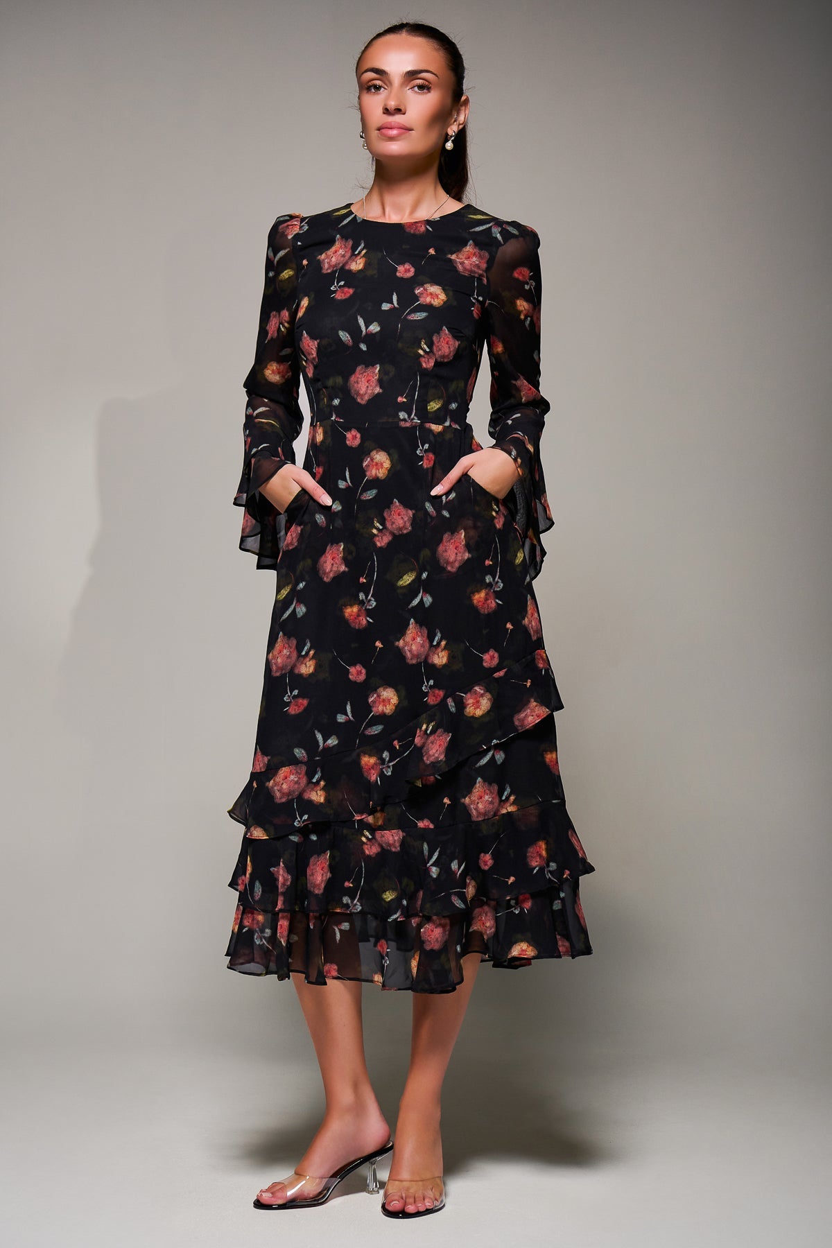Long Sleeve Frill Chiffon Midaxi Dress Detail View