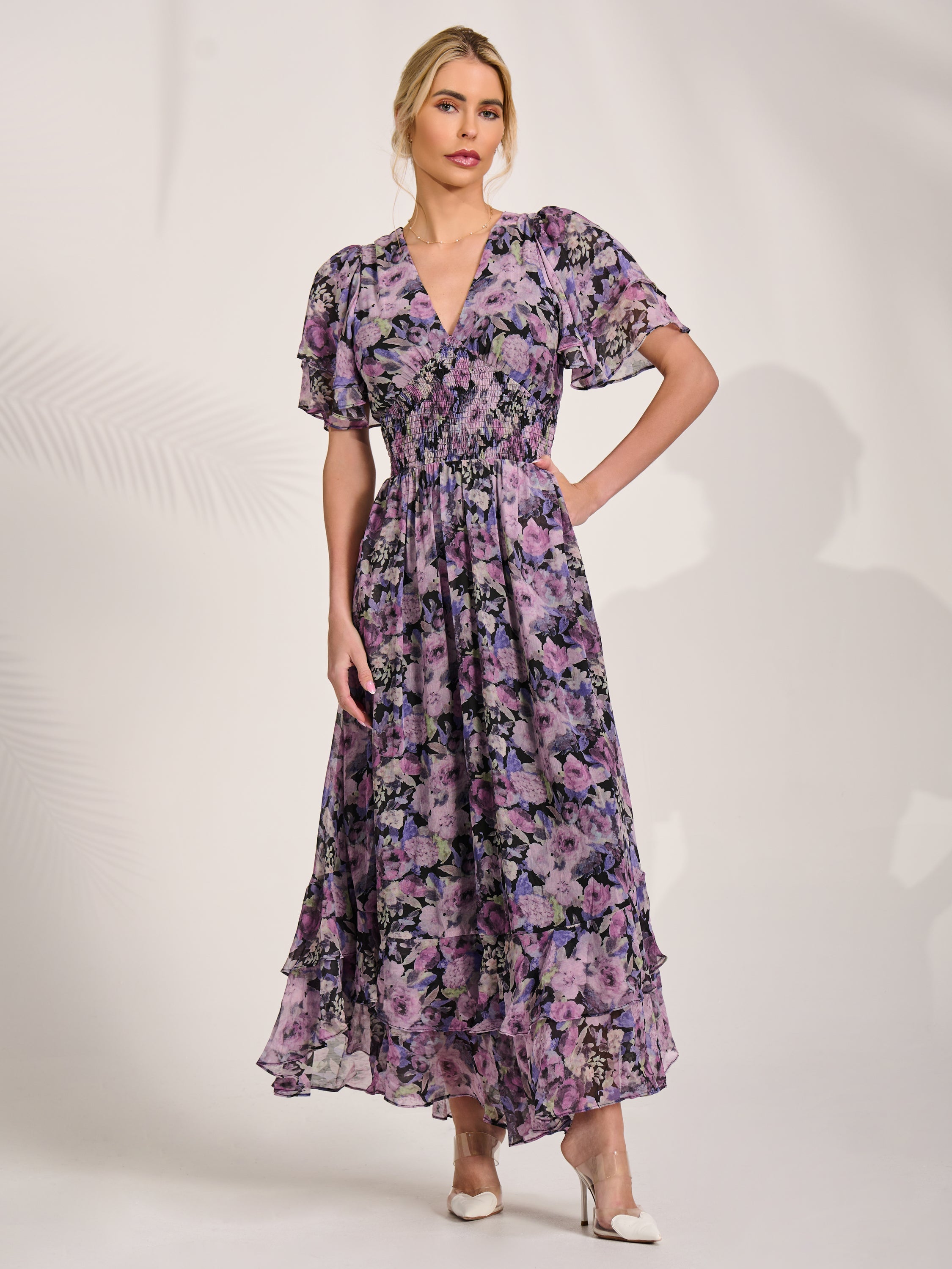 Chiffon Layered Sleeve Ruffle Hem Midaxi Front View