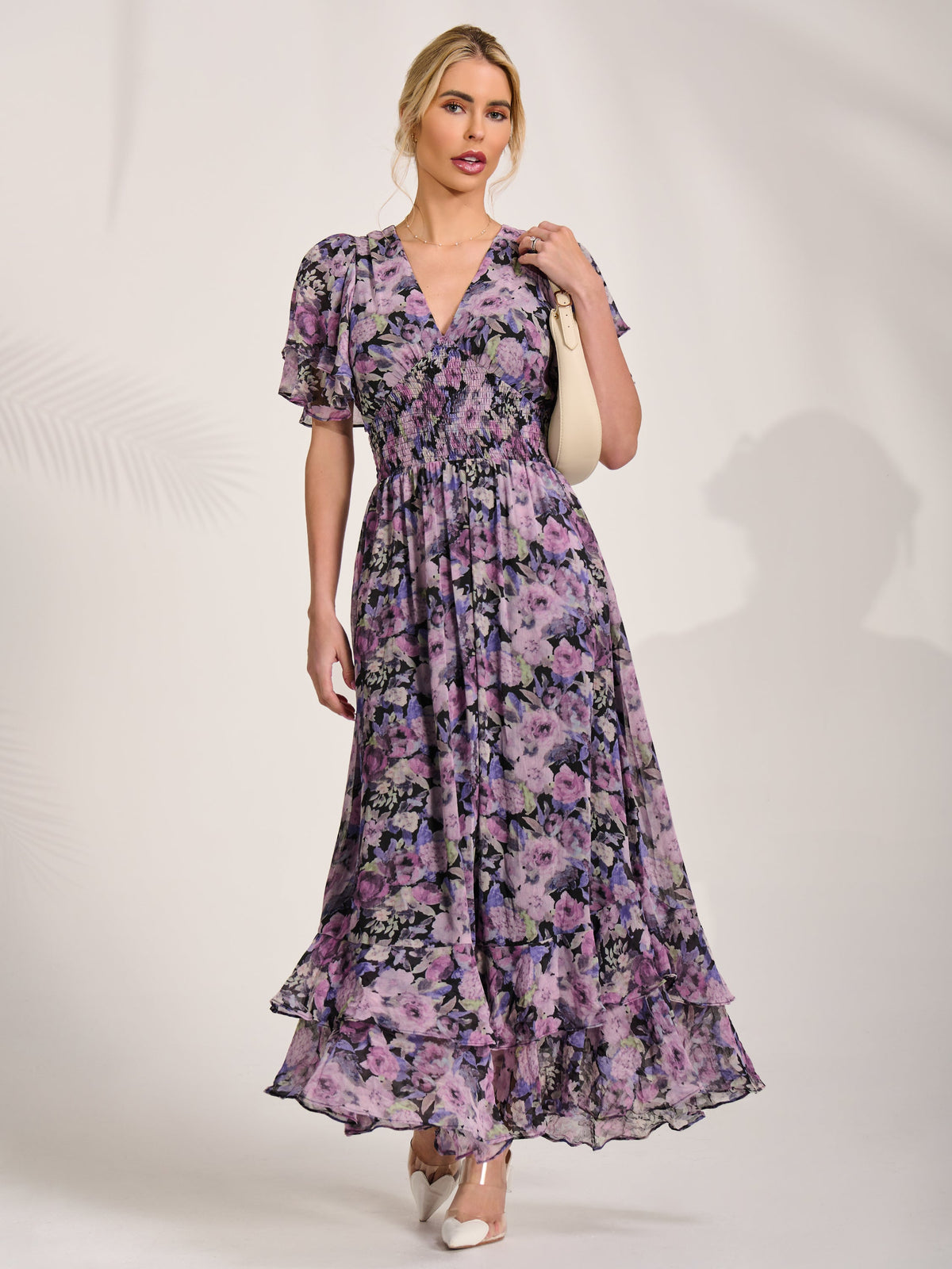 Chiffon Layered Sleeve Ruffle Hem Midaxi Full Length View