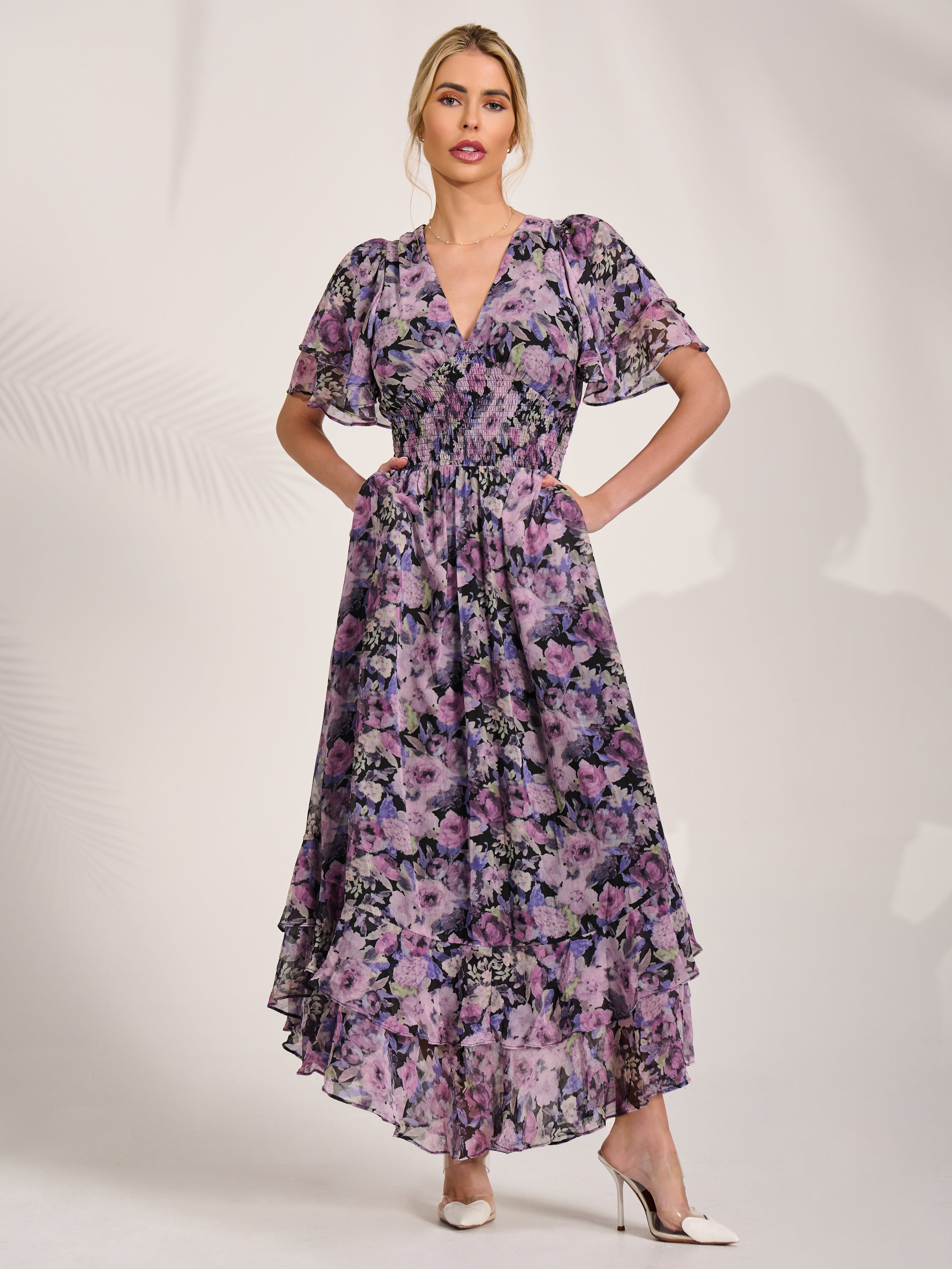 Chiffon Layered Sleeve Ruffle Hem Midaxi Front View 2